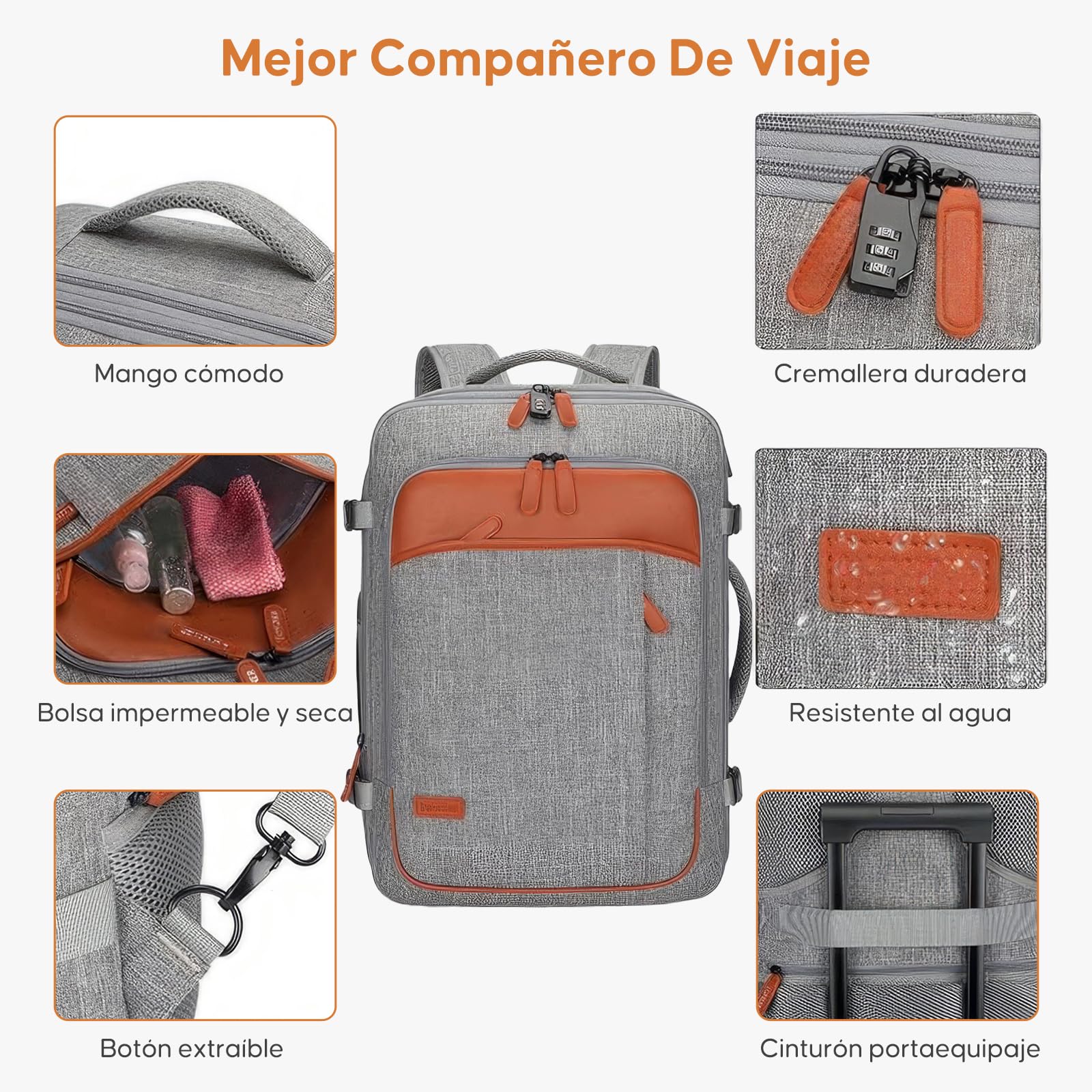 Mochila de Viaje 40L Avion Gris Resistente al Agua con Cubos de Embalaje para Hombres y Mujeres