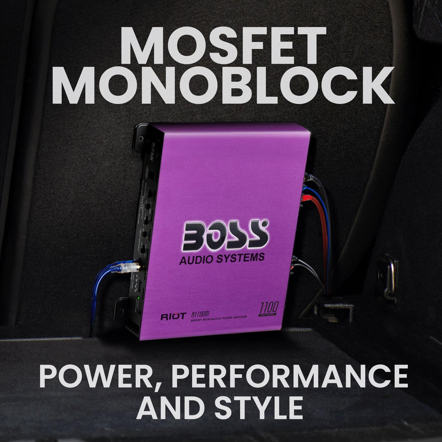 BOSS Audio Systems R1100M-P Riot Series - Amplificador de subwoofer de audio para coche, 1100 de alta salida, monobloque, clase A/B, 2/4 ohmios estable, entradas de nivel bajo/alto, cruce de paso