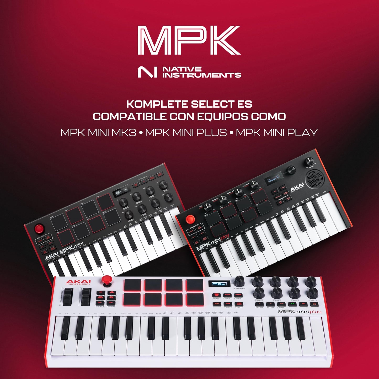 Akai Professional MPK Mini Plus - Teclado Controlador MIDI USB de 37 Mini Teclas con 8 Pads MPC, Secuenciador, MIDI/CV/Gate I/O, Software de Producción y Native Instruments Sound Package, Blanco