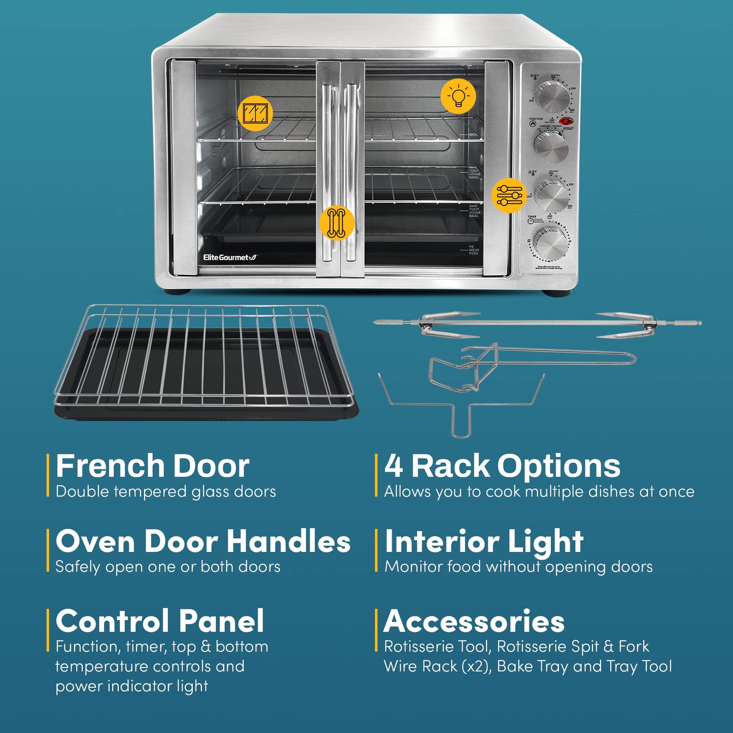 Elite Gourmet ETO-4510M Puerta francesa de 47.5 cuartos de galón, horno de convección de 18 rebanadas, 4 perillas de control, tostado para hornear asado para mantener el calor, incluye 2 estantes para