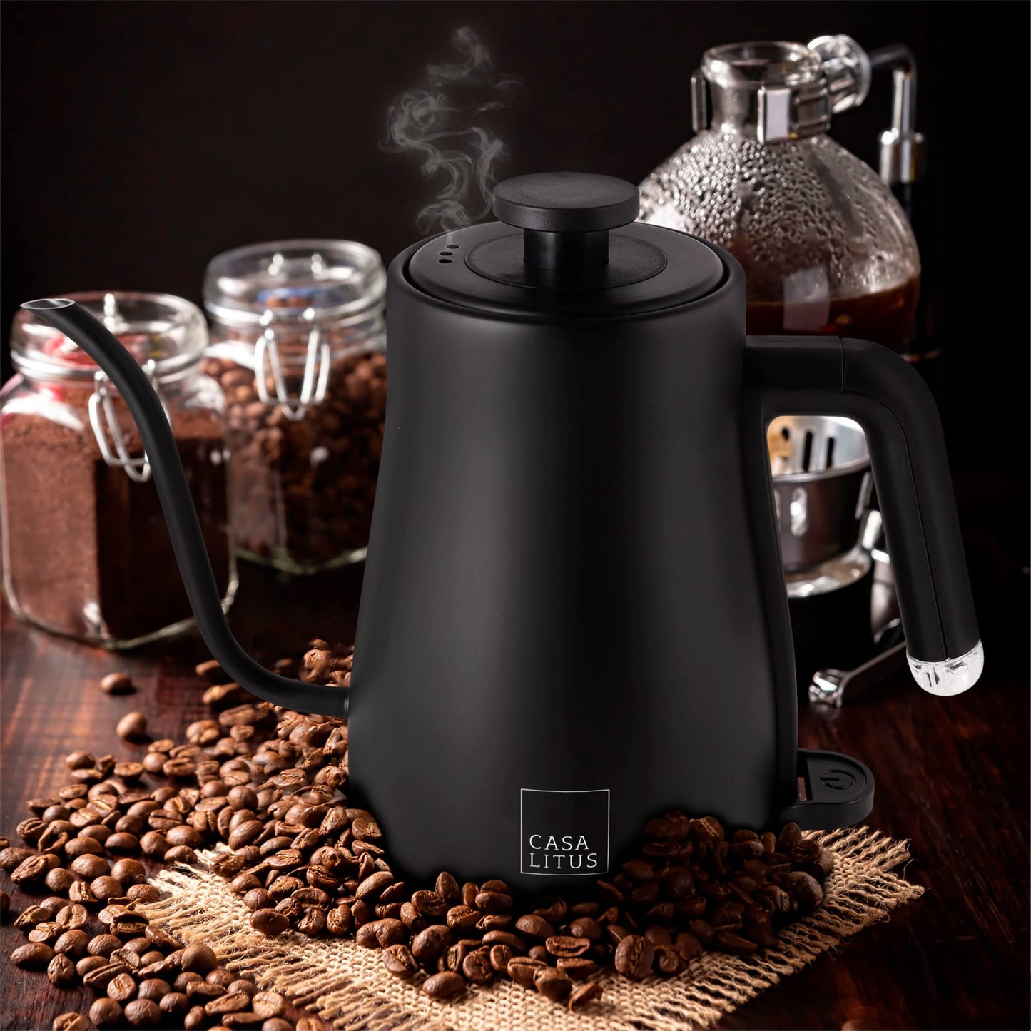 CASA LITUS Tetera Eléctrica de Acero Inoxidable con Cuello de Cisne, Hervidor de Agua Eléctrico con Apagado Automático y Tapa Hermética, Jarra para Preparar Café, Té y más, Cap. 1 Litro, Mod. Hamburgo