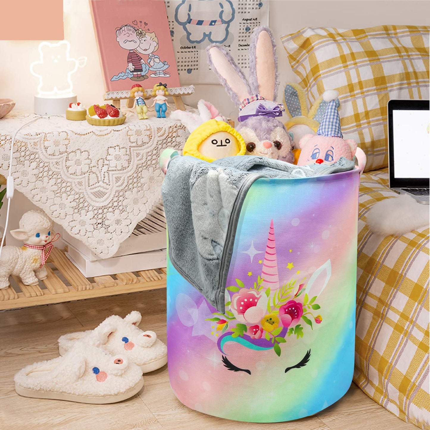 Cesta de lavandería con diseño de unicornio, de gran tamaño, redonda, impermeable, plegable, organizador de habitación de niñas, recámara, cuarto de bebé, ropa de sala de juegos (43.3 l, lindo