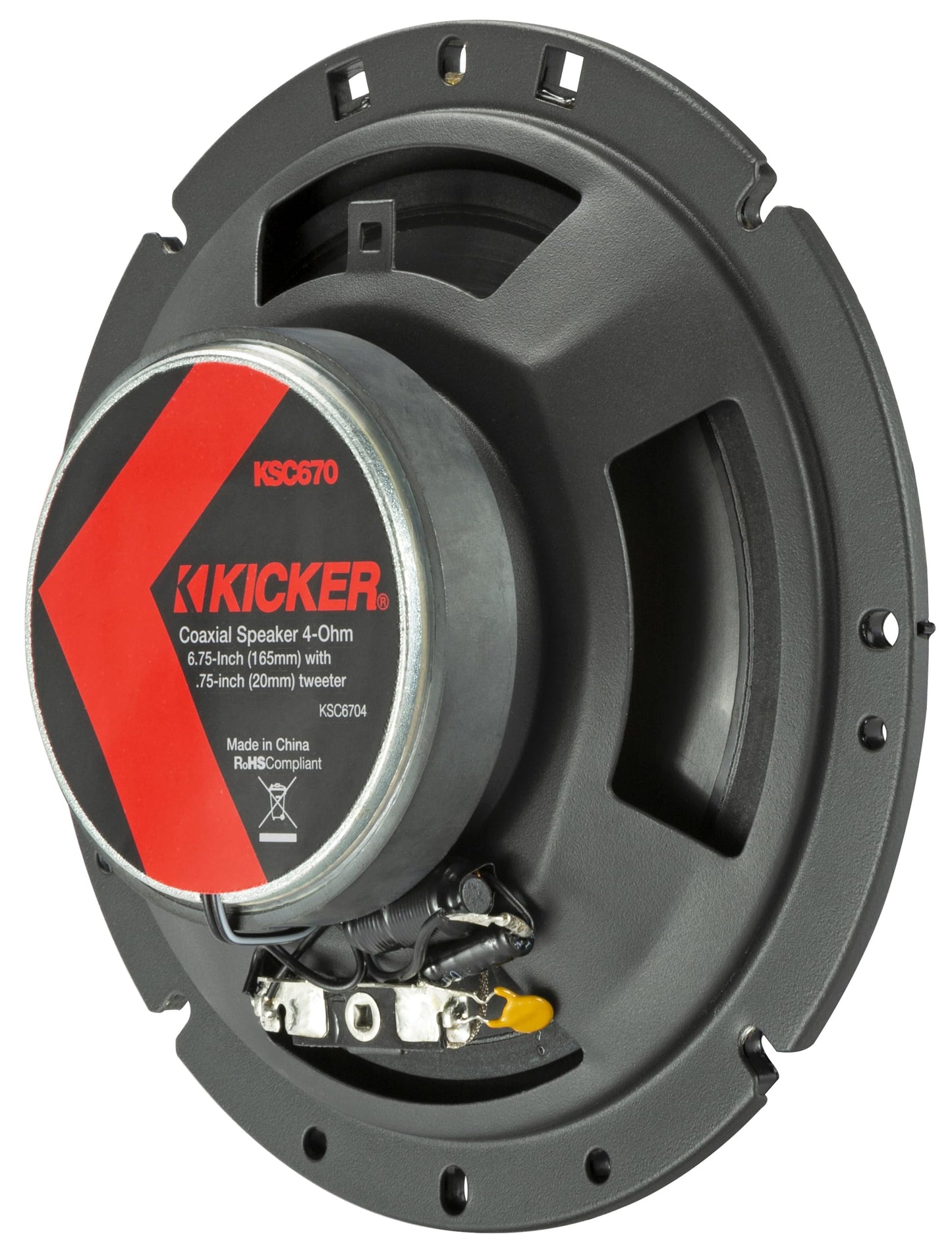Sistema de altavoces coaxiales KICKER 51KSC6704, diseño de 2 vías, un (1) par, woofer/rango medio de polipropileno de 6.75 pulgadas (165 mm), tweeters de cúpula de seda de 3/4 pulgadas (20 mm), 100