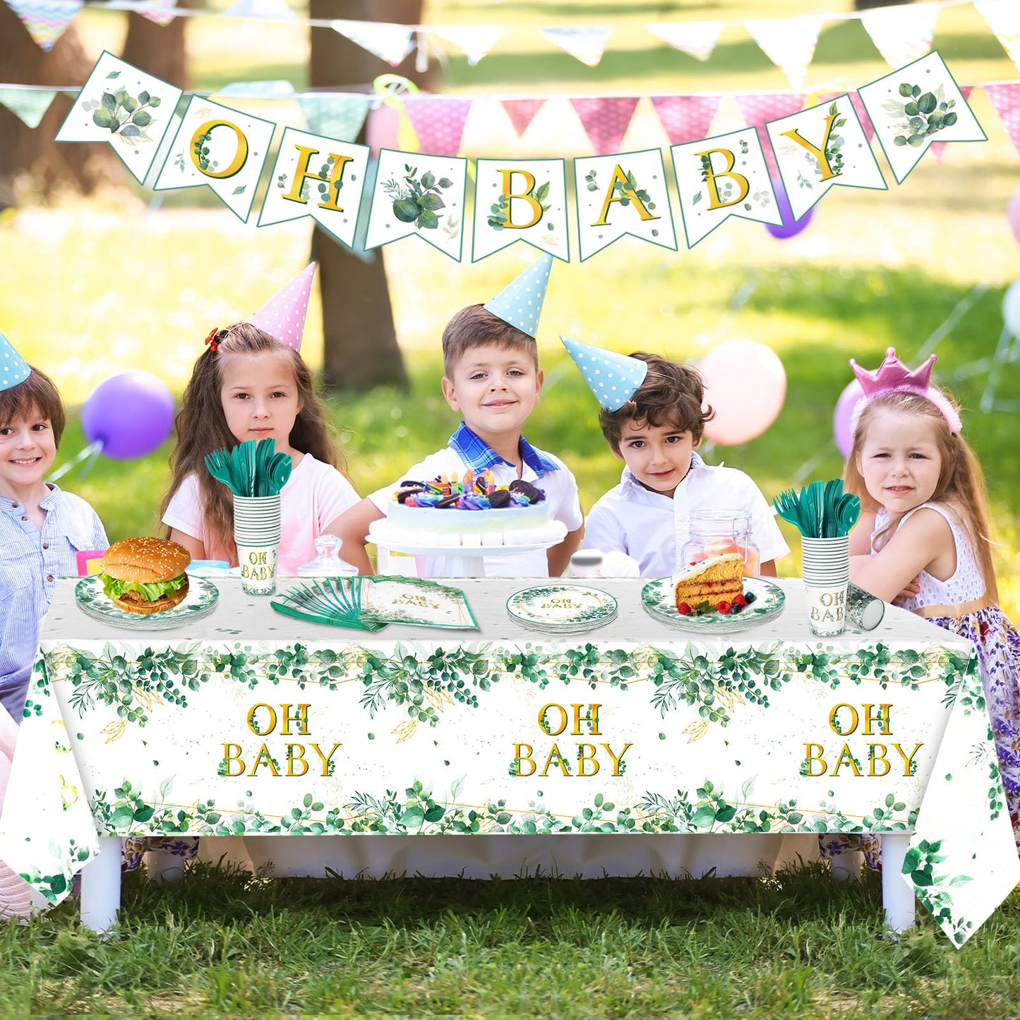 Juego de vajilla de 180 piezas de Sage Greenery Oh para fiesta de bebé, mantel de hoja de eucalipto, 24 platos de cena, plato de postre y servilletas para niño y niña, salvia, suministros de decoración de fiesta