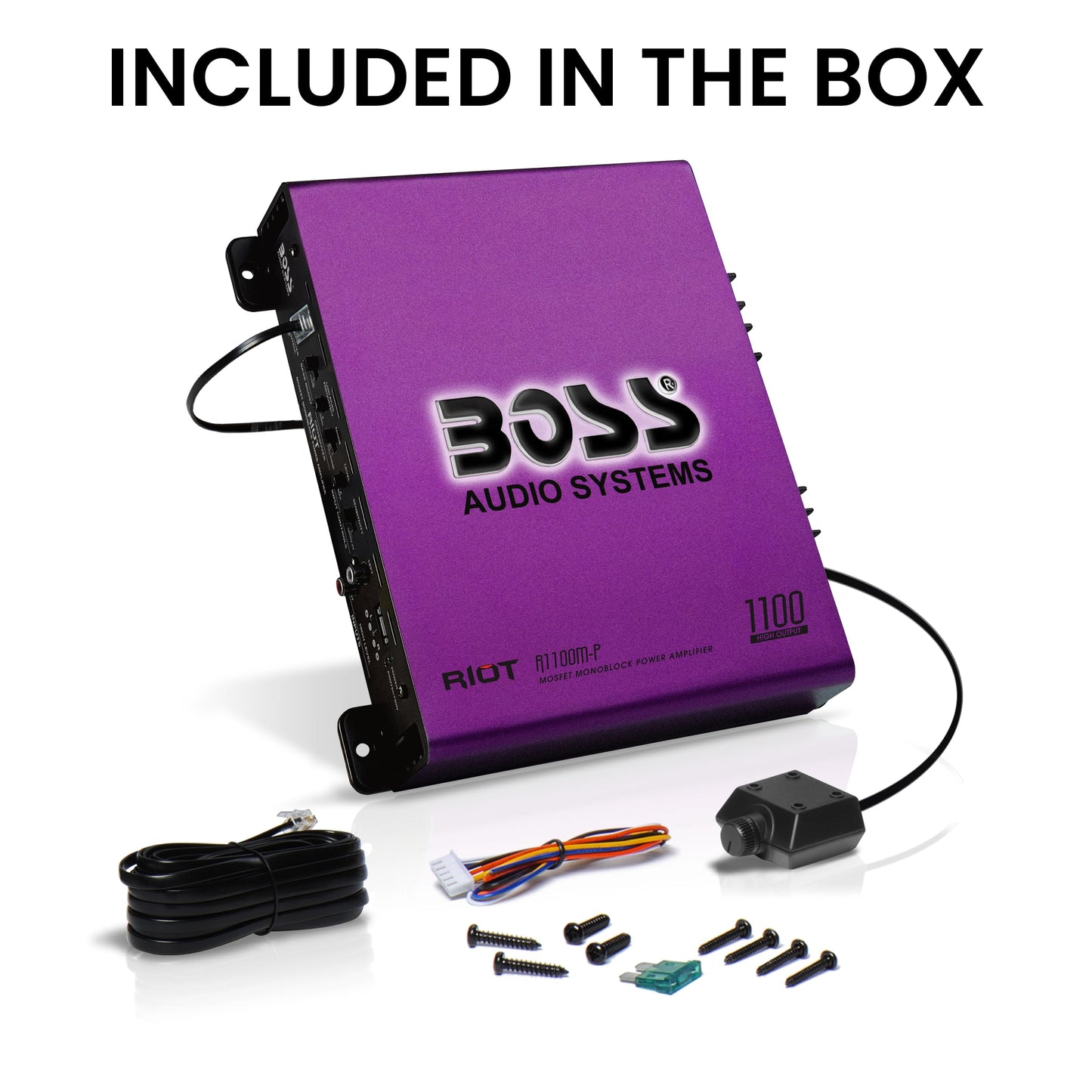 BOSS Audio Systems R1100M-P Riot Series - Amplificador de subwoofer de audio para coche, 1100 de alta salida, monobloque, clase A/B, 2/4 ohmios estable, entradas de nivel bajo/alto, cruce de paso