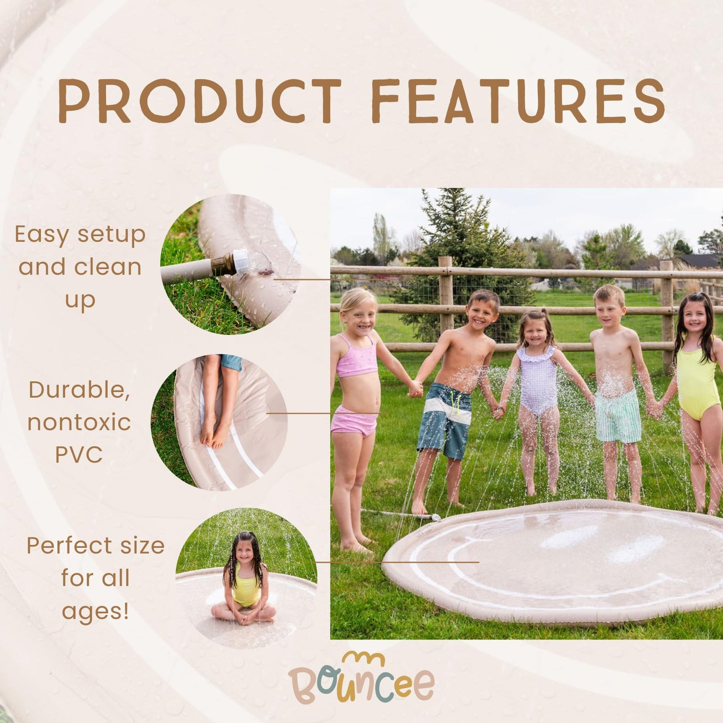 Bouncee Splash Pad Rociador para niños – Mini piscina exterior de 68 pulgadas para bebés y niños pequeños – Almohadilla para salpicaduras para niños de 4 a 8 años – Juguetes inflables al aire última