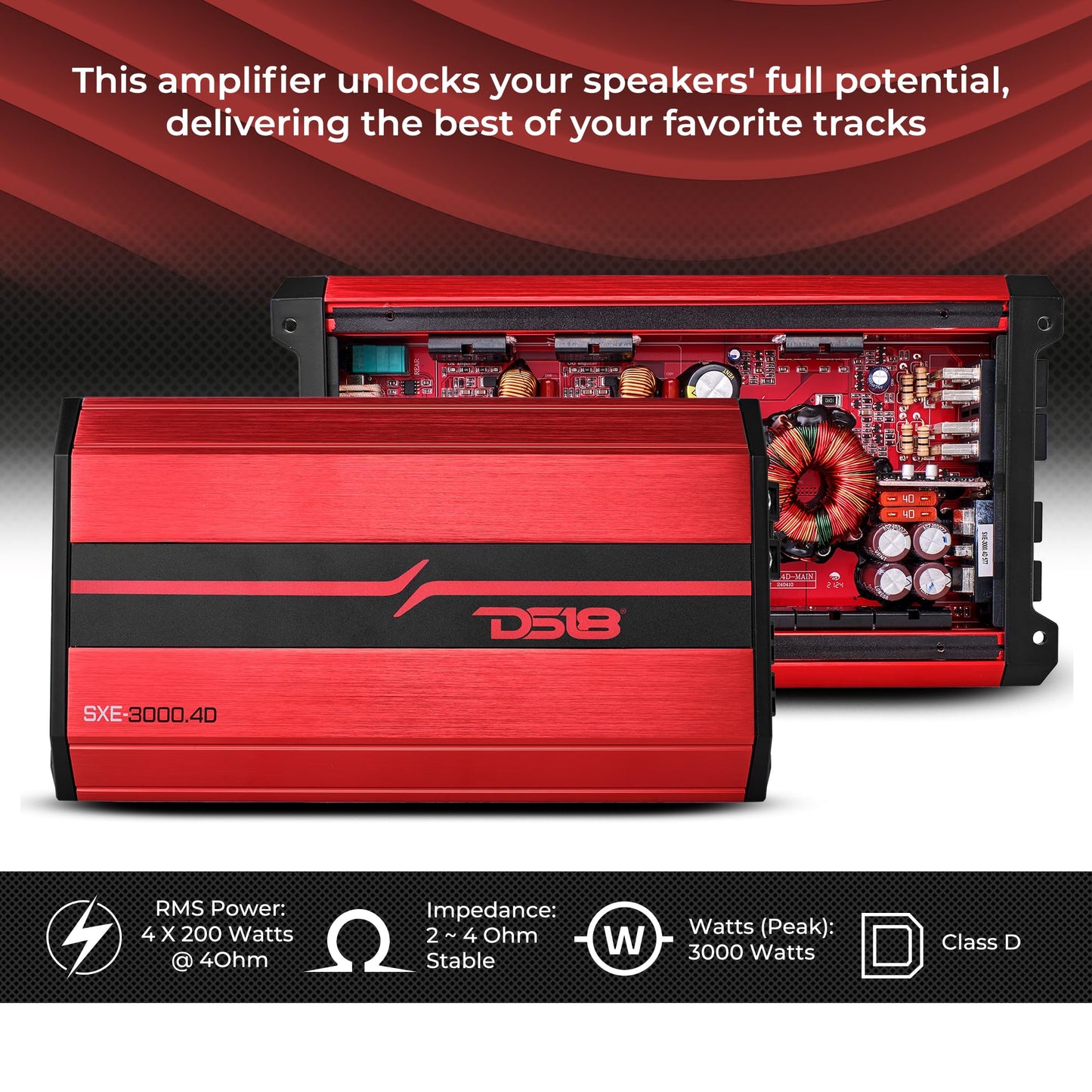 Amplificador Estéreo DS18 Rojo Clase D 4 Canales para Sistema de Audio del Coche