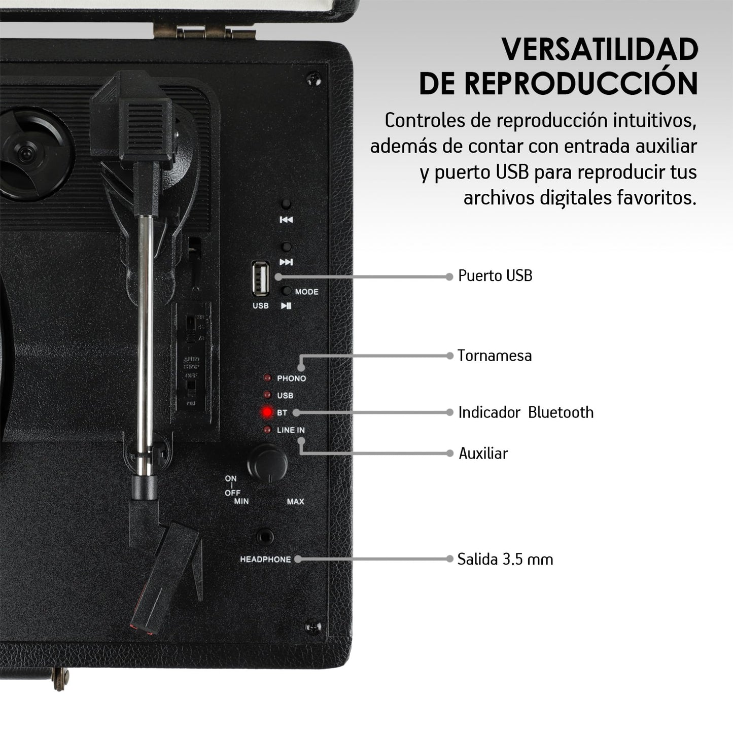 Akane Tocadiscos Vinyl Bluetooth Portátil con Bocinas Estéreo Integradas, Diseño Vintage de Maletín, Puerto USB, Salida de Audífonos y RCA, Entrada Auxiliar, Tornamesa para Vinilo de 3 Velocidades