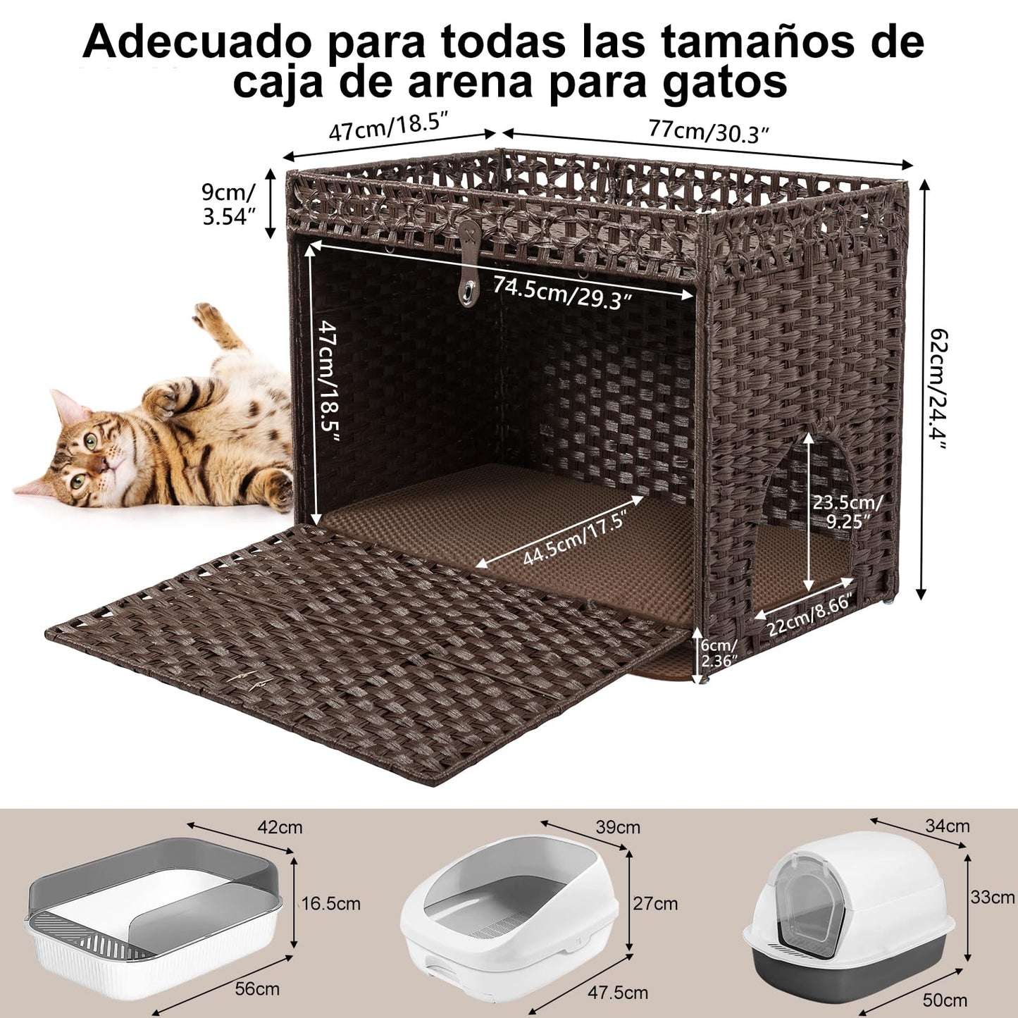 FABATO Arenero para Gato Grande Cerrado - Casa para Gatos Exterior - Puerta Lateral para tu Mascota - Mueble de Mimbre Ratán Tejido a Mano - Incluye Alfombrilla Suave (Marrón)