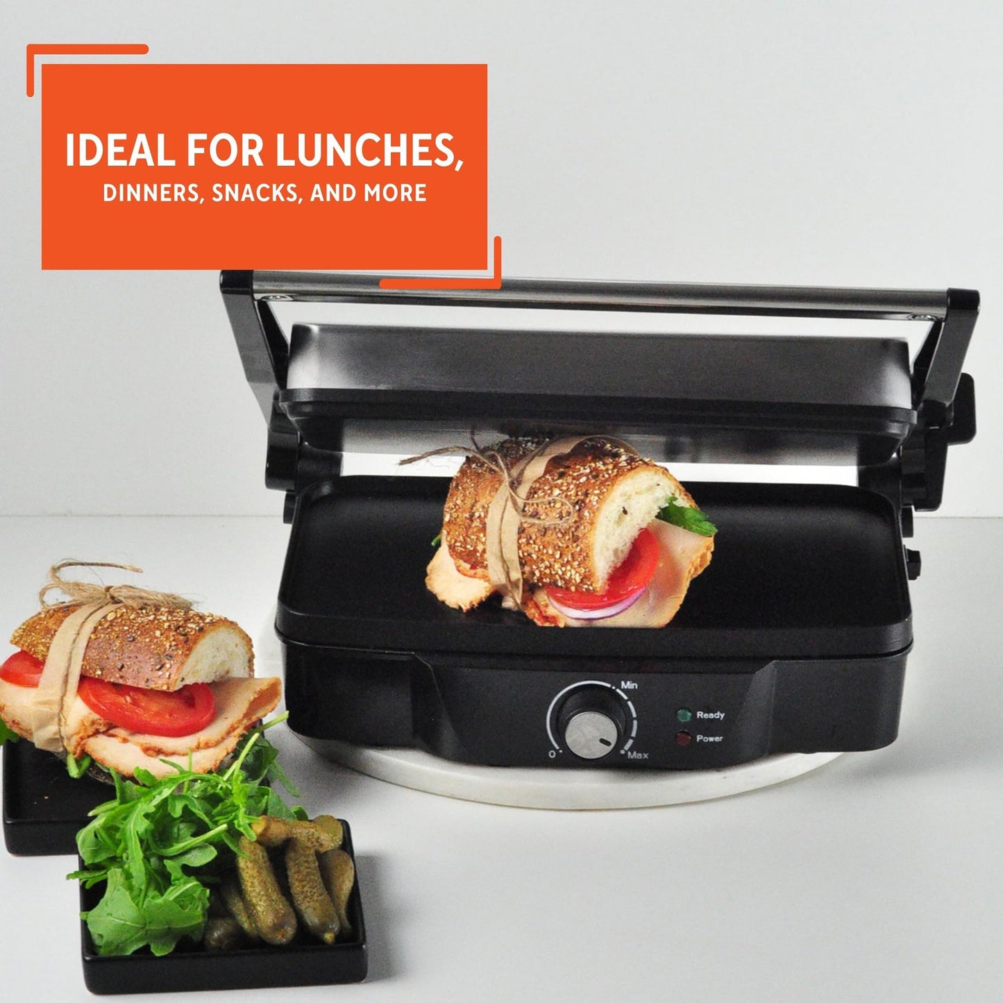 IMUSA - Prensa eléctrica Panini de acero inoxidable con ajustes de temperatura ajustables y placas antiadherentes, 1200 W