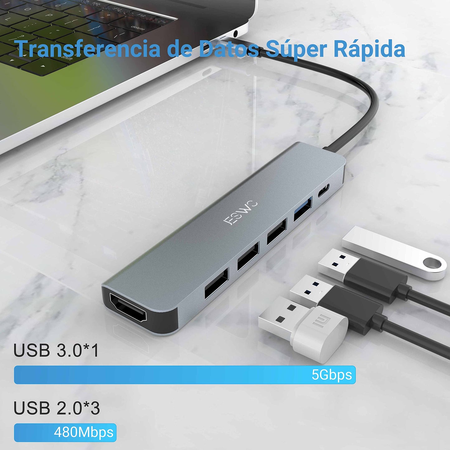 JESWO USB C HUB, 6 en 1 Adaptador Multipuerto USB C a HDMI 4K, USB 3.0, 3*USB 2.0, USB C 100W PD Carga, OTG Tipo C Compatible con MacBook, MacBook Pro, Macbook Air, DELL, Surface etc.
