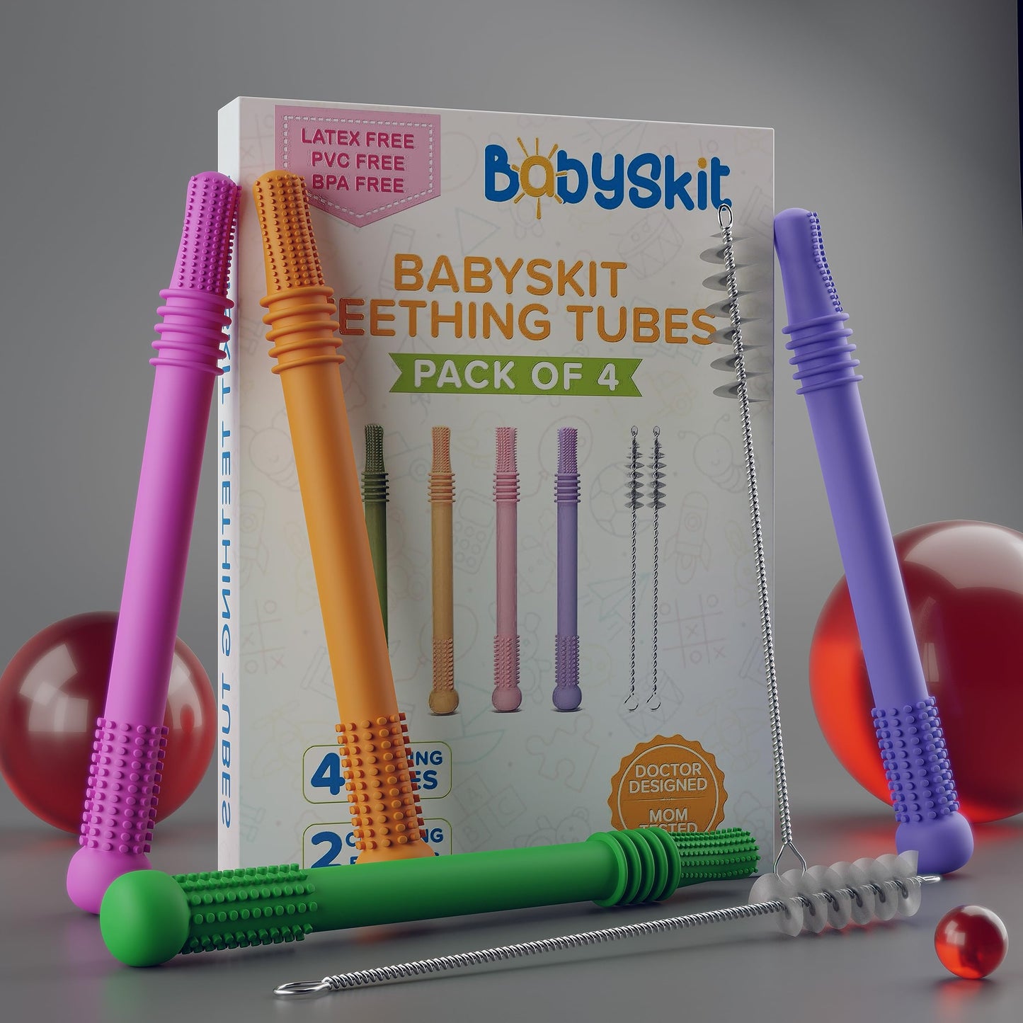 BABYSKIT Tubos de Dentición Flexibles para Bebés - Sorbetes Fáciles de Sostener y Limpiar, Bastón de Silicona Seguro para Bebés de 0-6 Meses
