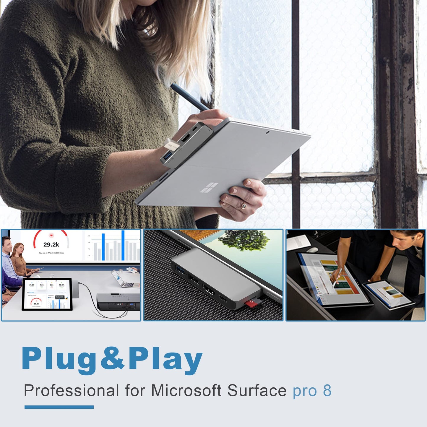 Adaptador de Concentrador USB C Microsoft Surface Pro 8 HDMI 4K y Thunderbolt 4 para Monitor Dual