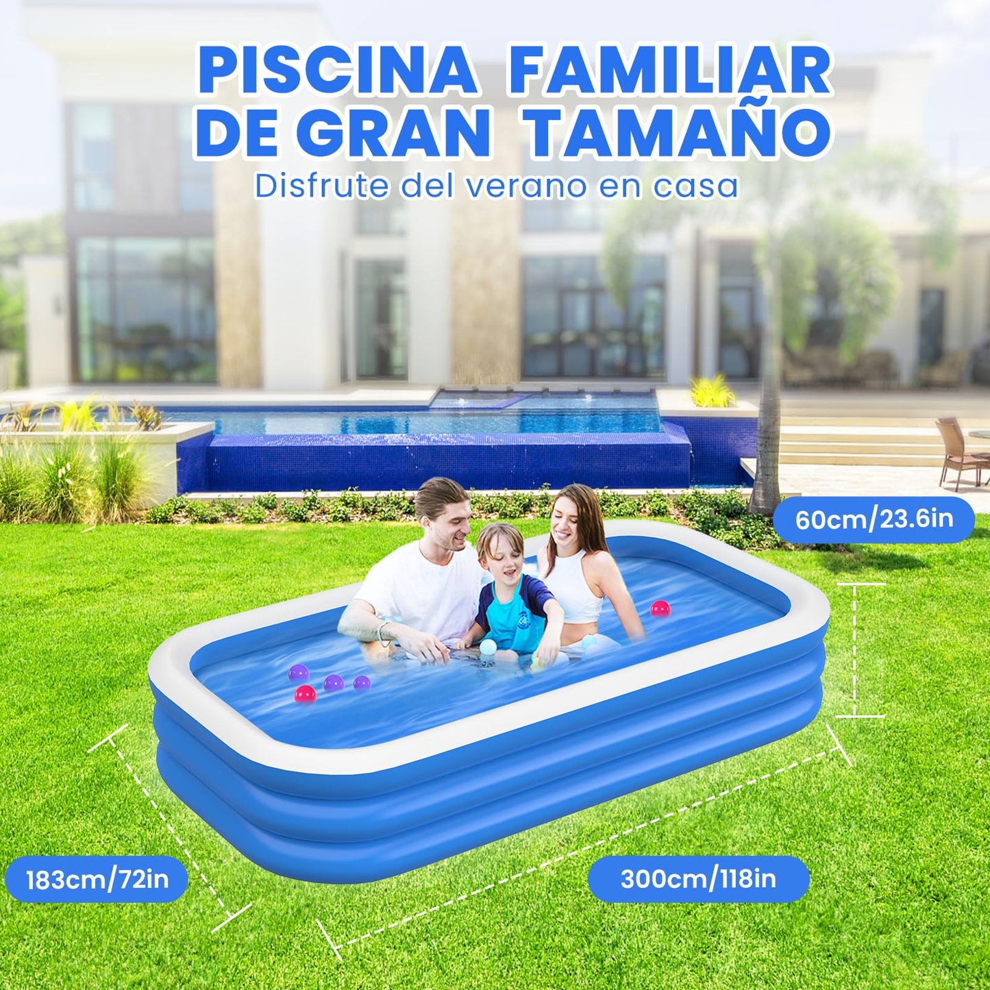 JNNQI Piscina Inflable Familiar 305x183x60 CM, Alberca Inflable Familiares Triple Grande Rectangular con Bolsa de Almacenamiento, Jardín, Fiesta Acuática de Verano, Piscina Inflable al Aire Libre