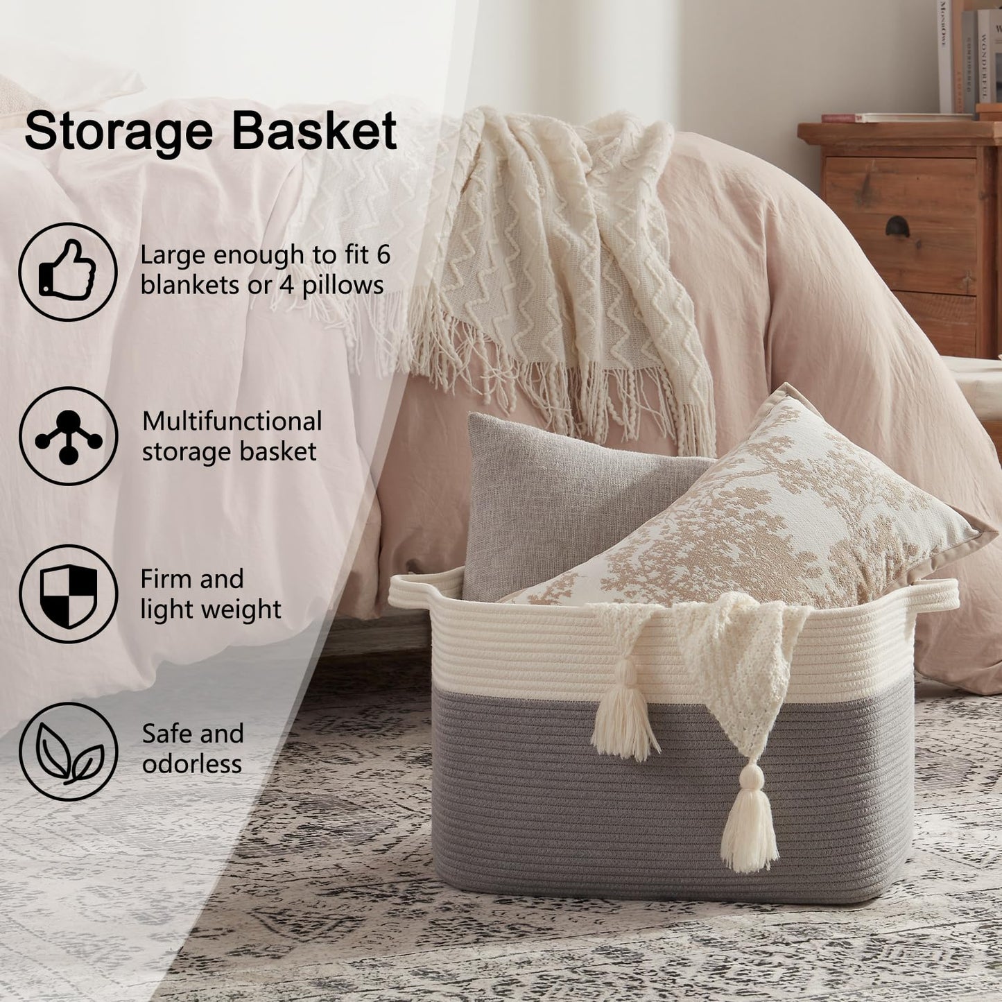 OIAHOMY - Cesta de manta grande, de algodón de 65 litros, cesta de ropa tejida para habitación de bebé, contenedor para almacenamiento de mantas en sala de estar, 20 x 16 x 12 pulgadas, gris y blanco