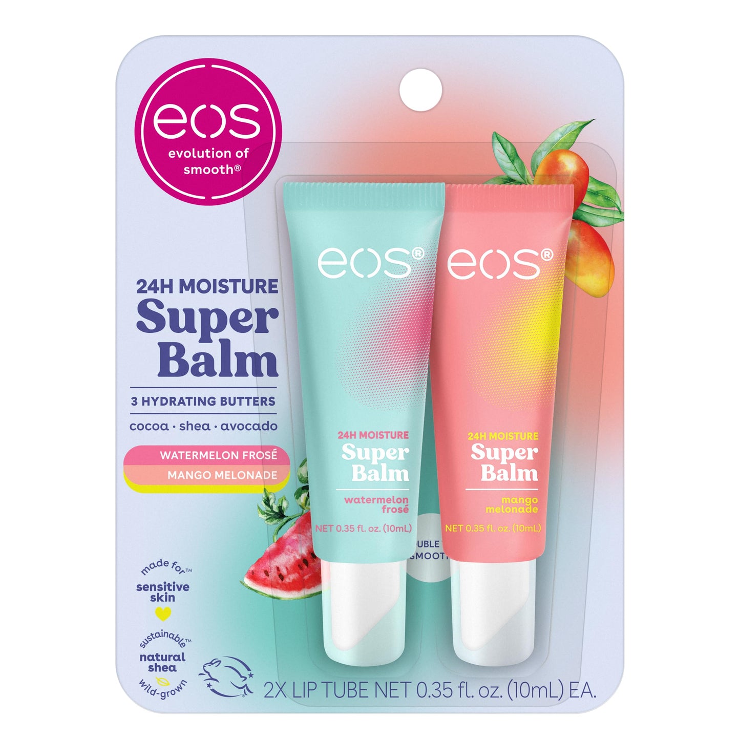 eos- Bálsamo hidratante 24 horas: sandía helada y mango melón, mascarilla para labios, tratamiento para labios de día o de noche, Ma