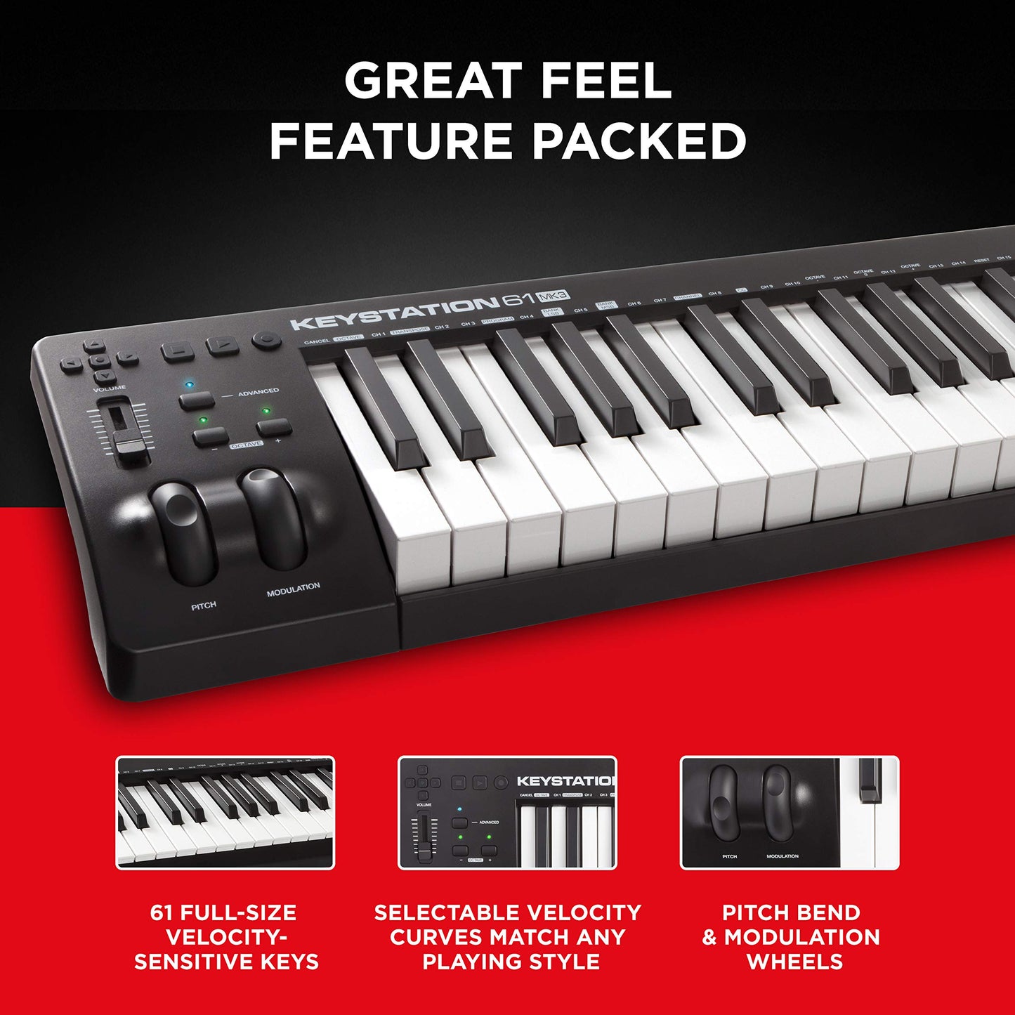 M-Audio Keystation 61 MK3 - Controlador MIDI USB con teclado de 61 teclas, controles asignables, ruedas de pitch/modulación, suite de software