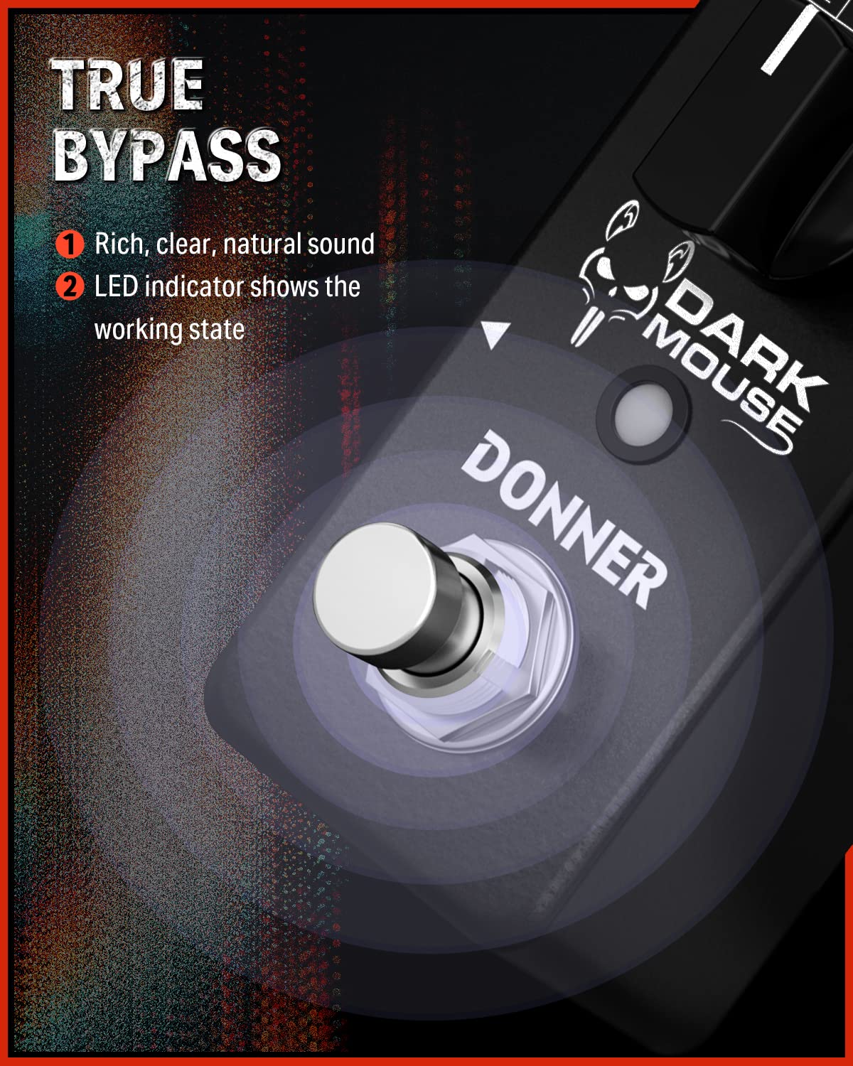 Donner - Pedal de distorsión de mouse oscuro para pedalera, guitarra eléctrica, 2 modos, clásico hiper crujiente a borrosa, pedal de guitarra True Bypass
