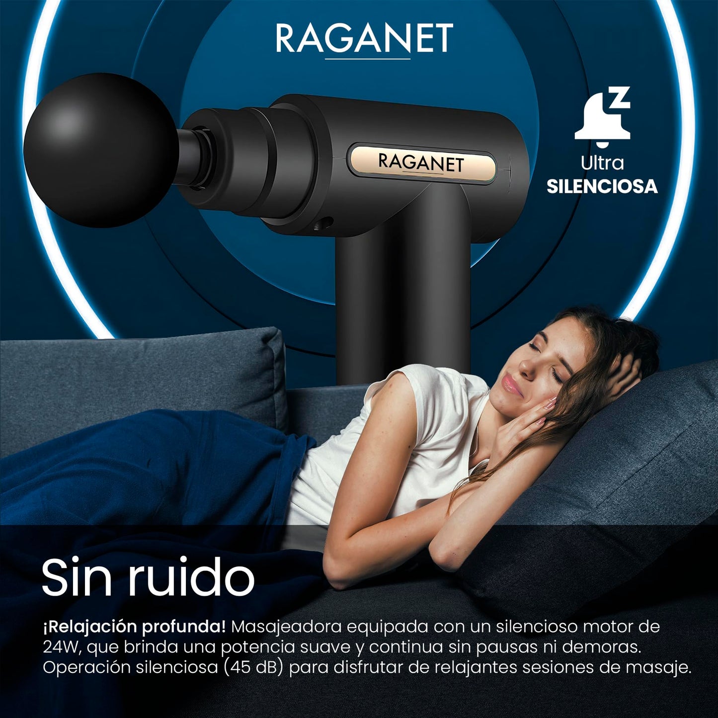 Raganet, Pistola Masajeadora con 4 Cabezas, Maquina Masajeadora de 6 Velocidades, Masaje Profesional Para Musculos, Ligamentos y Tejidos, Pistola Portatil, Carga USB (Color Negro)