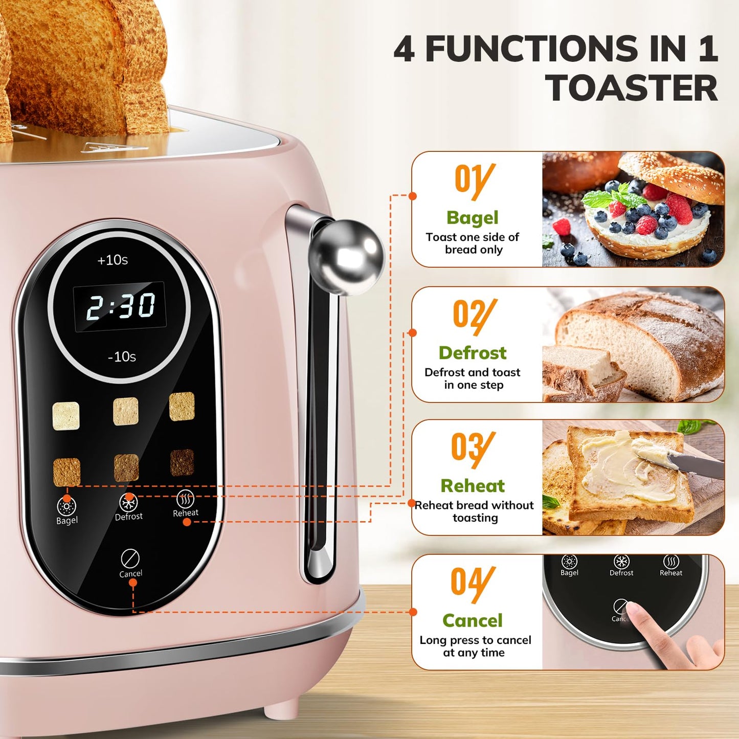 Keenstone tostador inteligente de visualización táctil de 2 rebanadas, tostador retro de acero inoxidable con 6 niveles de dorado, recalentar y descongelar, para bagel, tostado, pan, bandeja extraíble