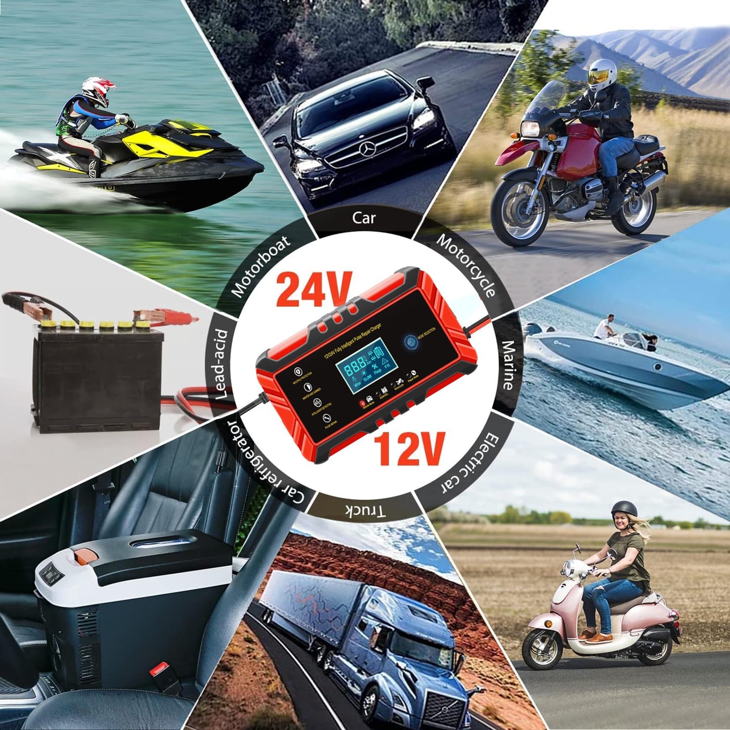 Cargador de Batería Coche,8A 12V/4A 24V Cargador de Batería de Moto,Automático Inteligente Cargador de Batería con Múltiples Protecciones para Automóviles Motocicletas SUV ATVs RVs Barco Excavador etc