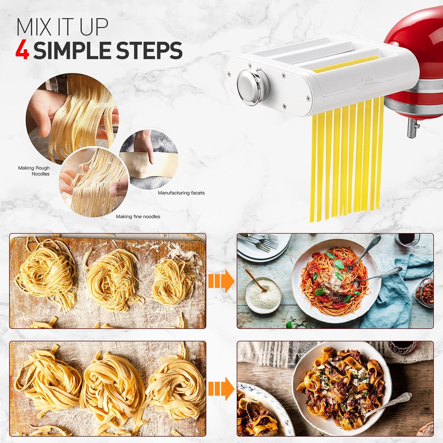 Antree Juego 3 en 1 para batidoras KitchenAid incluye rodillo de hoja de pasta, cortador de espaguetis, accesorios para cortador de fettuccine y cepillo para polvo de limpieza
