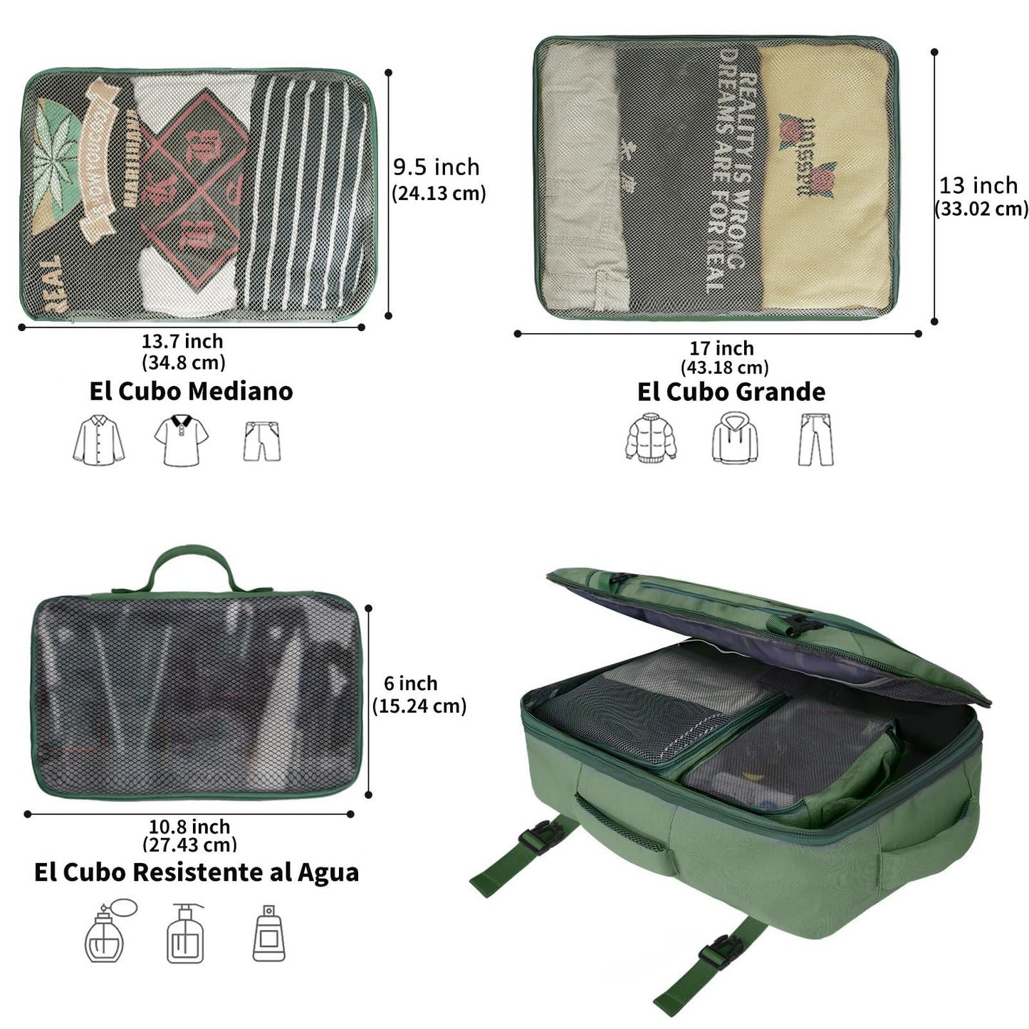 Mochila de Viaje Vancropak Verde Grande Expandible Impermeable para Mujer y Hombre