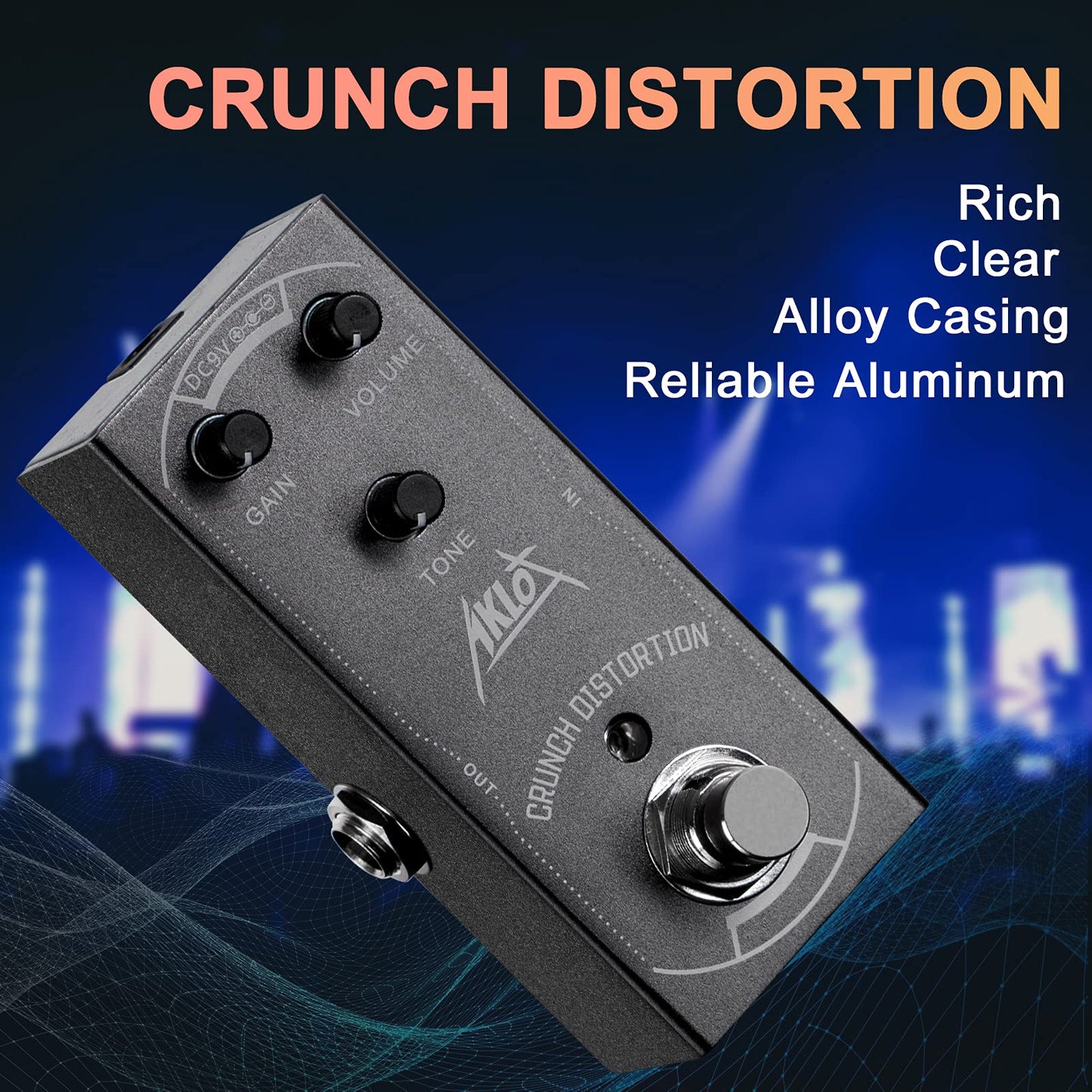 AKLOT Pedal de guitarra de distorsión, pedal eléctrico de efectos mini tipo único DC 9V True Bypass
