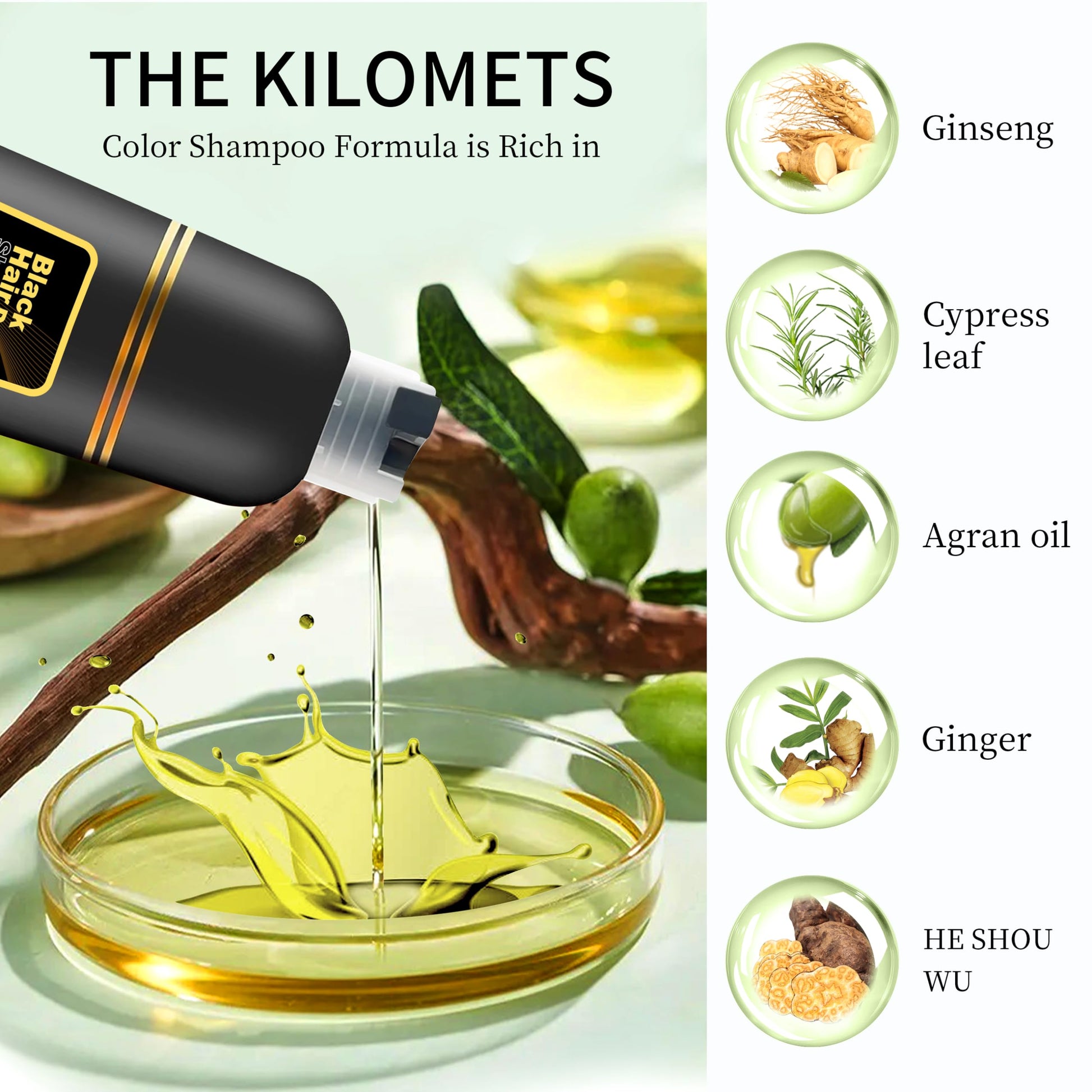 KILOMETS Champú para teñir el cabello negro: Champú Mágico de color para el cabello de mujeres - Cubre el 100% de las canas- Tinte 3 en 1 instantáneo. Con ingredientes herbales, fácil de usar, sin ensuciar, larga duración, libre de PPD y amoníaco. 500 ml