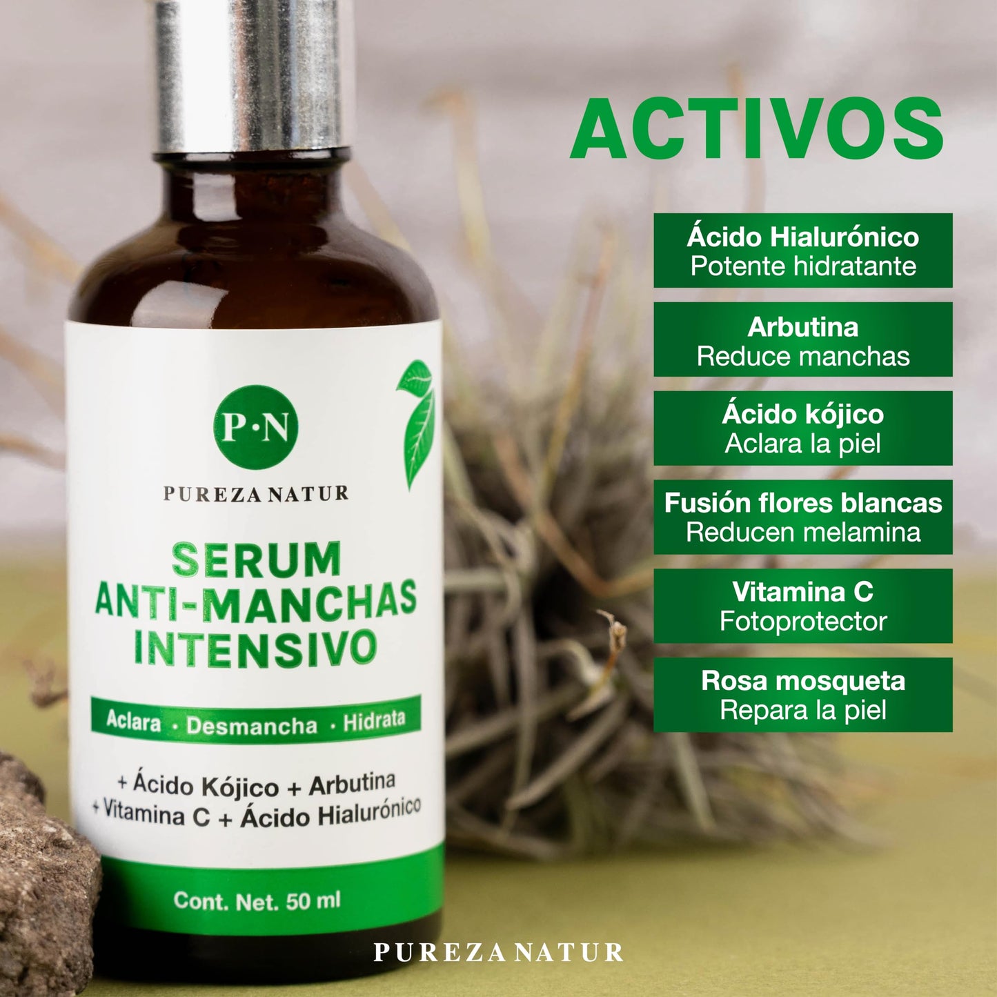 PUREZA NATUR Suero Facial aclarante intensivo para paño en cara y cuerpo + Acido Hialuronico facial + Vitamina C | Serum que Humecta y aclara la piel desvanece arrugas, manchas y repara cutis face repair skincare