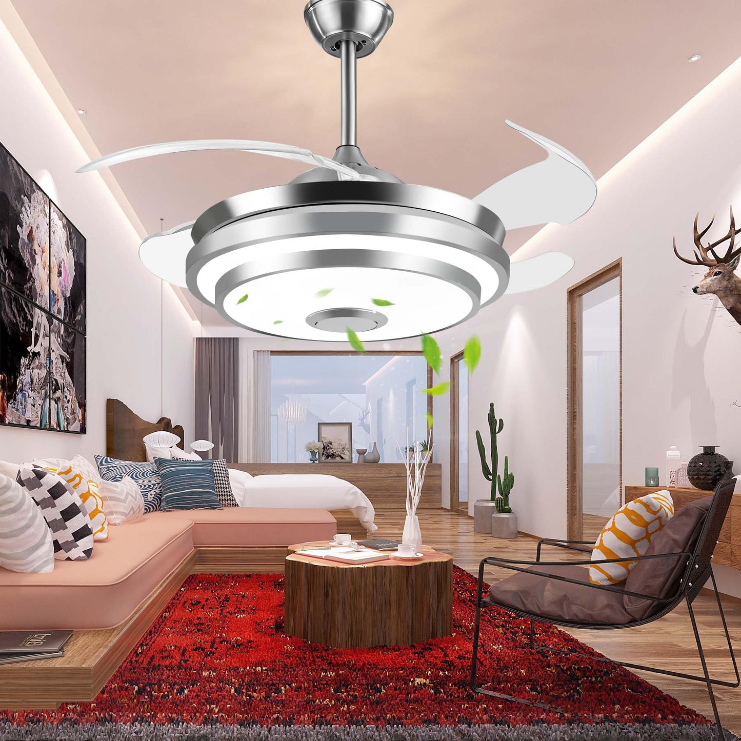 Ventilador de Techo con Luz LED y Control Remoto de 42 Pulgadas con Hoja Invisible Luz Fría Cálida y Neutral Silencioso 3 Velocidades