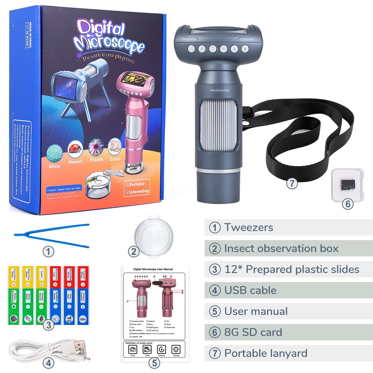 Andonstar Ad012 Kit De Microscopio Portátil Para Niños, Microscopio Infantil Lcd De 2" Con Portaobjetos Preparados, Tarjeta Sd De 8G, Compatible Con Windows Pc, Juguetes Educativos Stem Para Uso En Interio