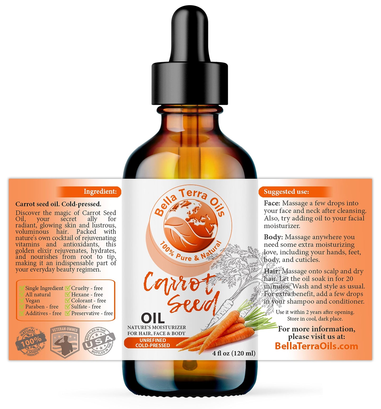 NEW Carrot Seed Oil. 4oz. Cold-pressed. Unrefined. Organic. 100% Pure. Daucus Carota. Hexane-free. Rejuvenates Skin and Softens Hair. Natural Moisturizer. For Hair, Face, Body, Nails, Stretch Marks.