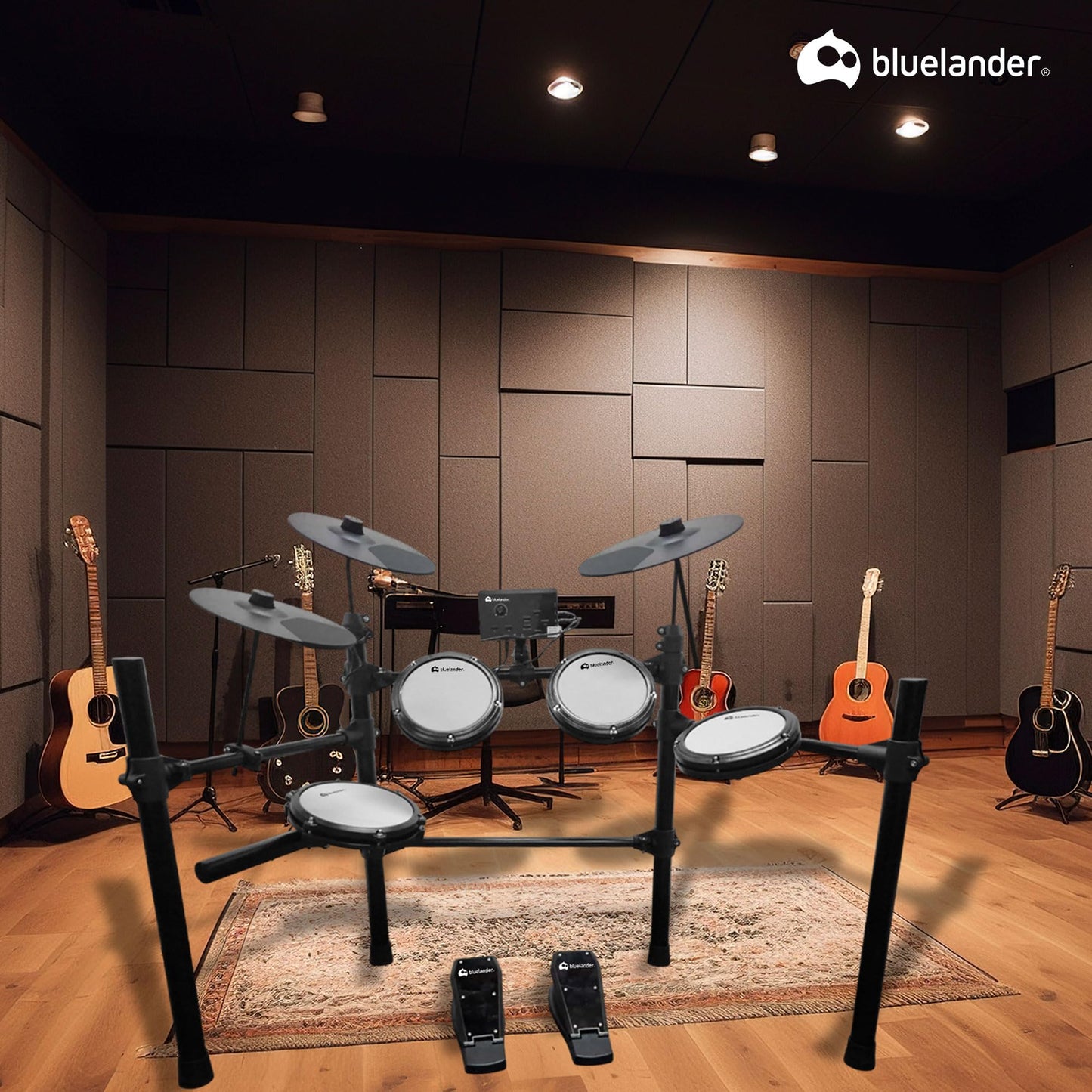 Bluelander Batería Musical 93*120 cm, Bateria Electrica 13 Pzas, 3 Platillos, 3 Tom, 2 Pedales, Tarola, Módulo de Sonido, Par de Baquetas y Banco, Batería Electrónica, Ideal para Niños y Principiantes