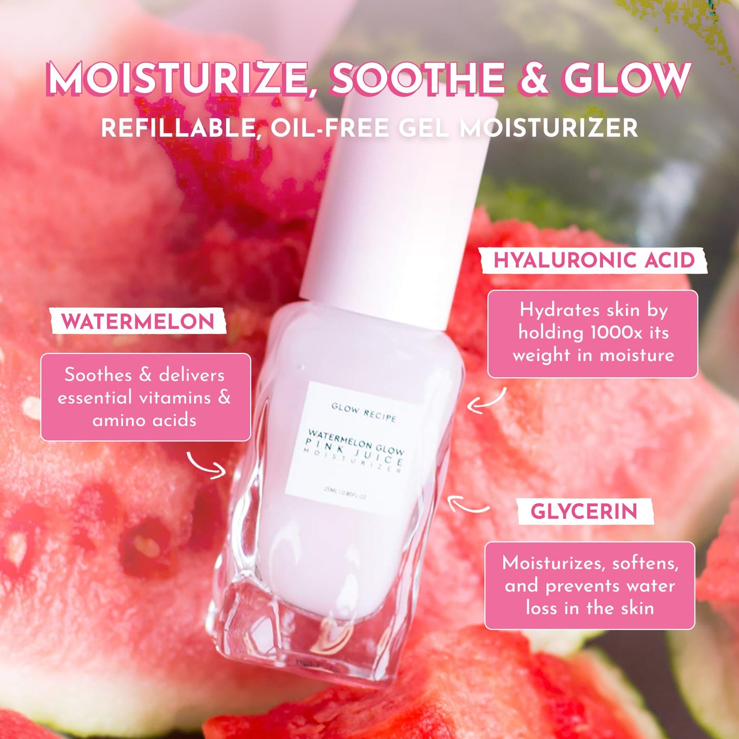 Glow Recipe Watermelon Glow Pink Juice Hidratante facial – Cuidado de la piel rico en aminoácidos, corrector de manchas oscuras de sandía, hidratante antienvejecimiento de ácido hialurónico, sin aceite, ligero (25 ml)