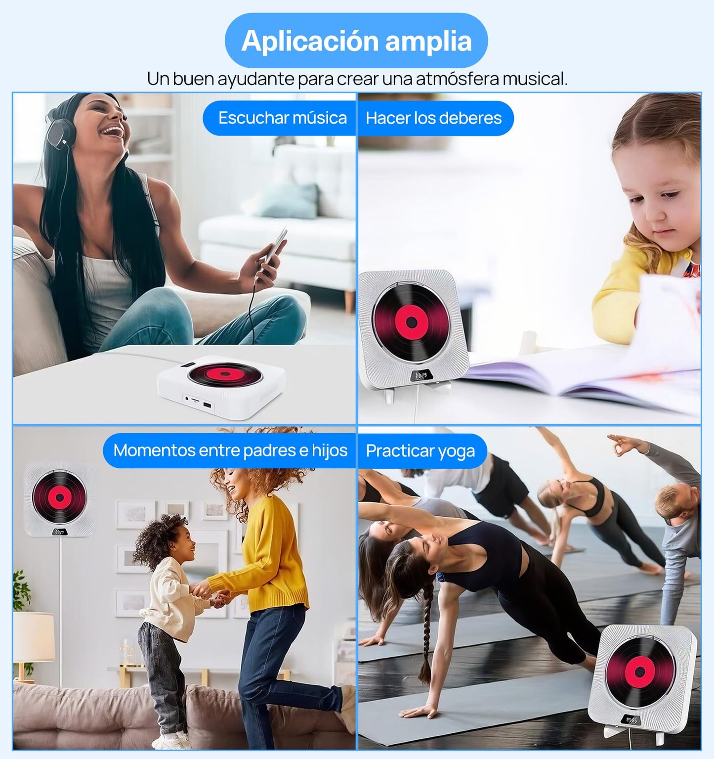ECYWE Reproductor de CD Portátil Bluetooth,CD Player Montaje en Pared con Control Remoto,Cubierta Contra el Polvo,Pantalla LCD,Altavoces HiFi Integrados,Radio FM,Soporte CD/MP3/USB/AUX, Entrada Salida