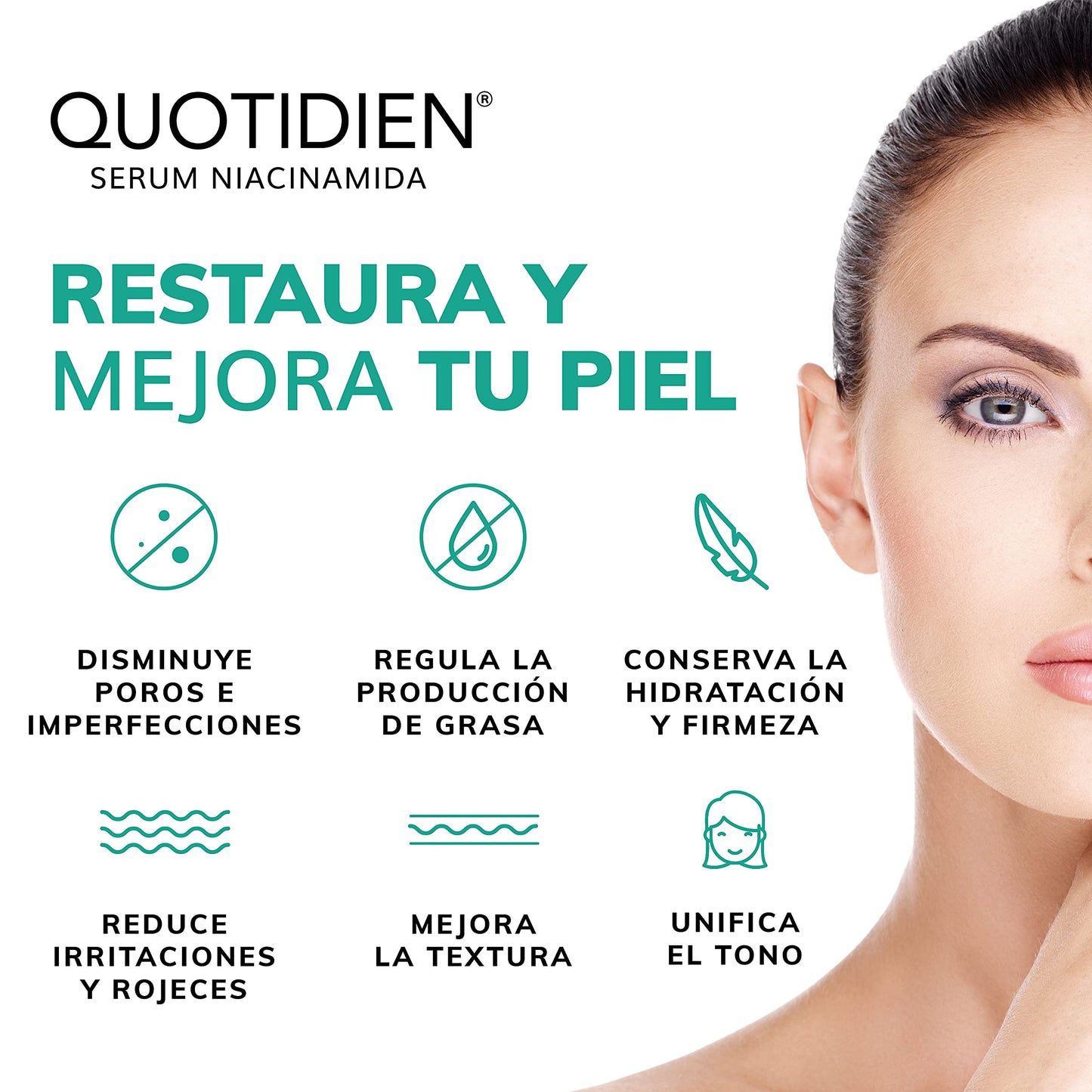 Quotidien | Serum Niacinamida 10% + Zinc + Planta de la Resurrección | Regula la Producción de Grasa | Disminuye Poros e Imperfecciones | Ideal Todo Tipo de Piel | 88% Ingredientes Naturales - 30ml