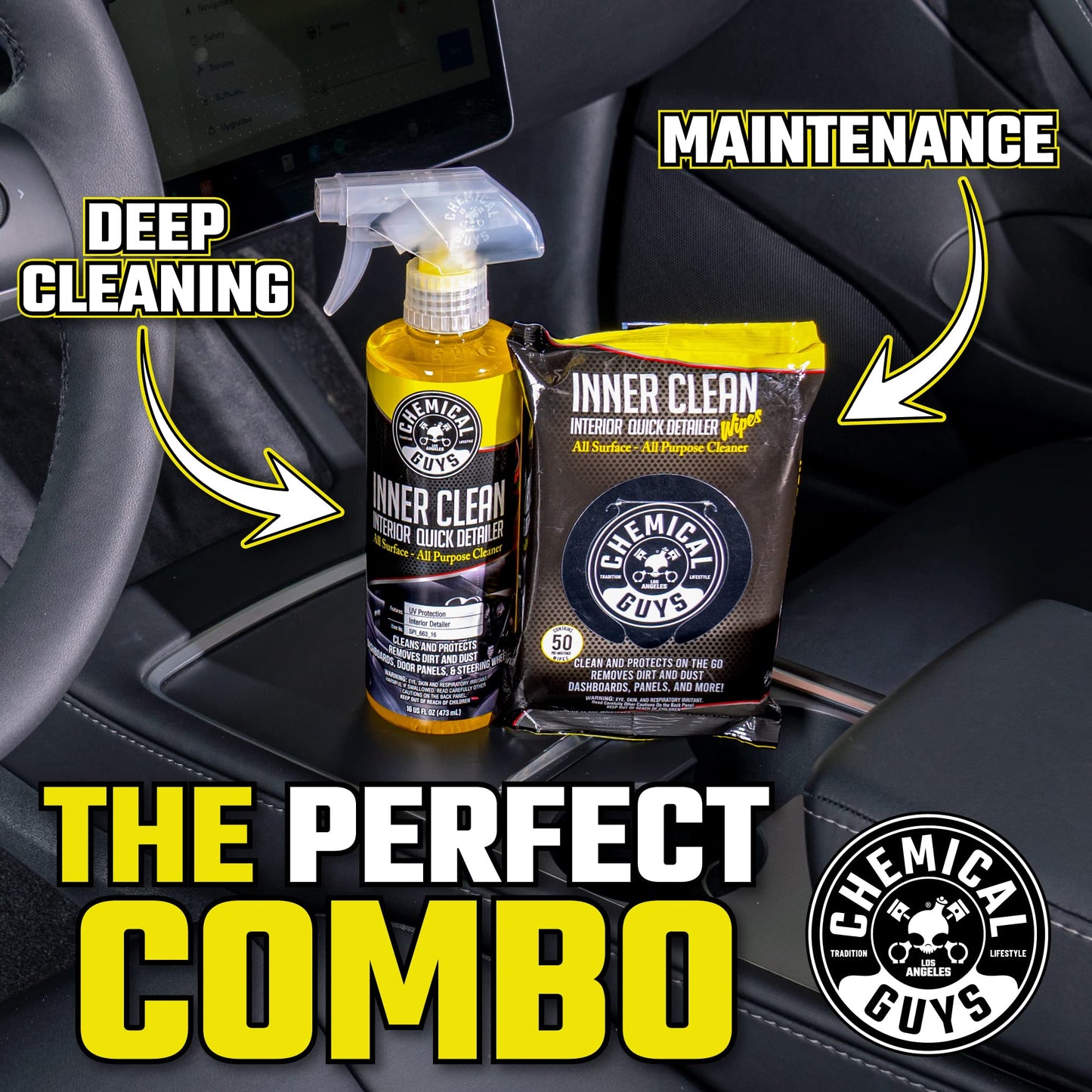 Chemical Guys Paquete Mega 50 Toallitas Detalladoras y Protectoras InnerClean Interior de, seguras para coches, camiones, todoterrenos, motocicletas, vehículos recreativos y más, (50 uds.)