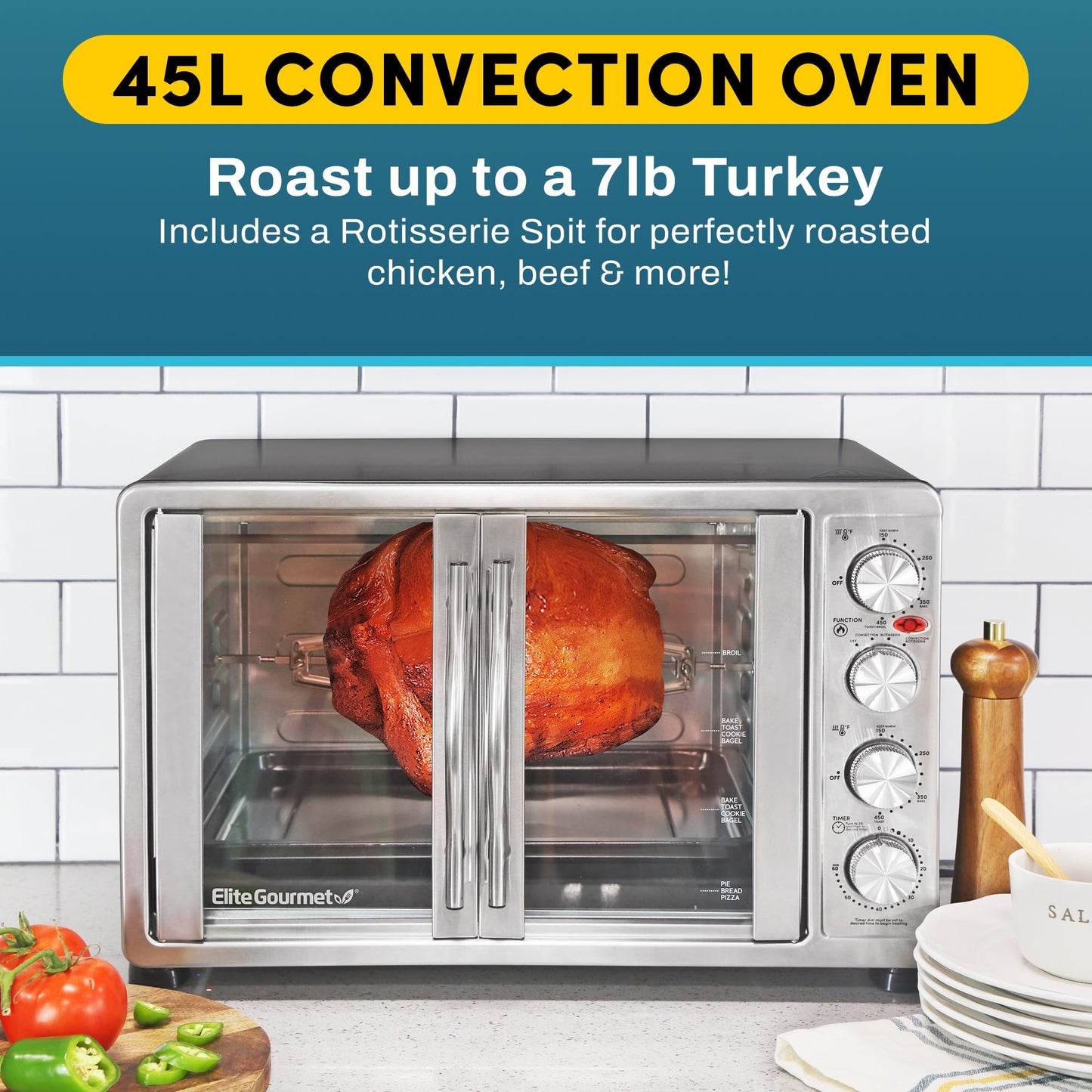 Elite Gourmet ETO-4510M Puerta francesa de 47.5 cuartos de galón, horno de convección de 18 rebanadas, 4 perillas de control, tostado para hornear asado para mantener el calor, incluye 2 estantes para