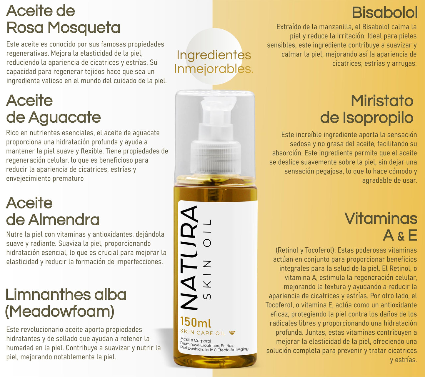 Rouge Co. Aceite Corporal Anti Estrías y Cicatrices Skin Care Reafirmante, No es Grasoso, Hidrata y Nutre Profundamente -Natura Skin Oil 150ml.