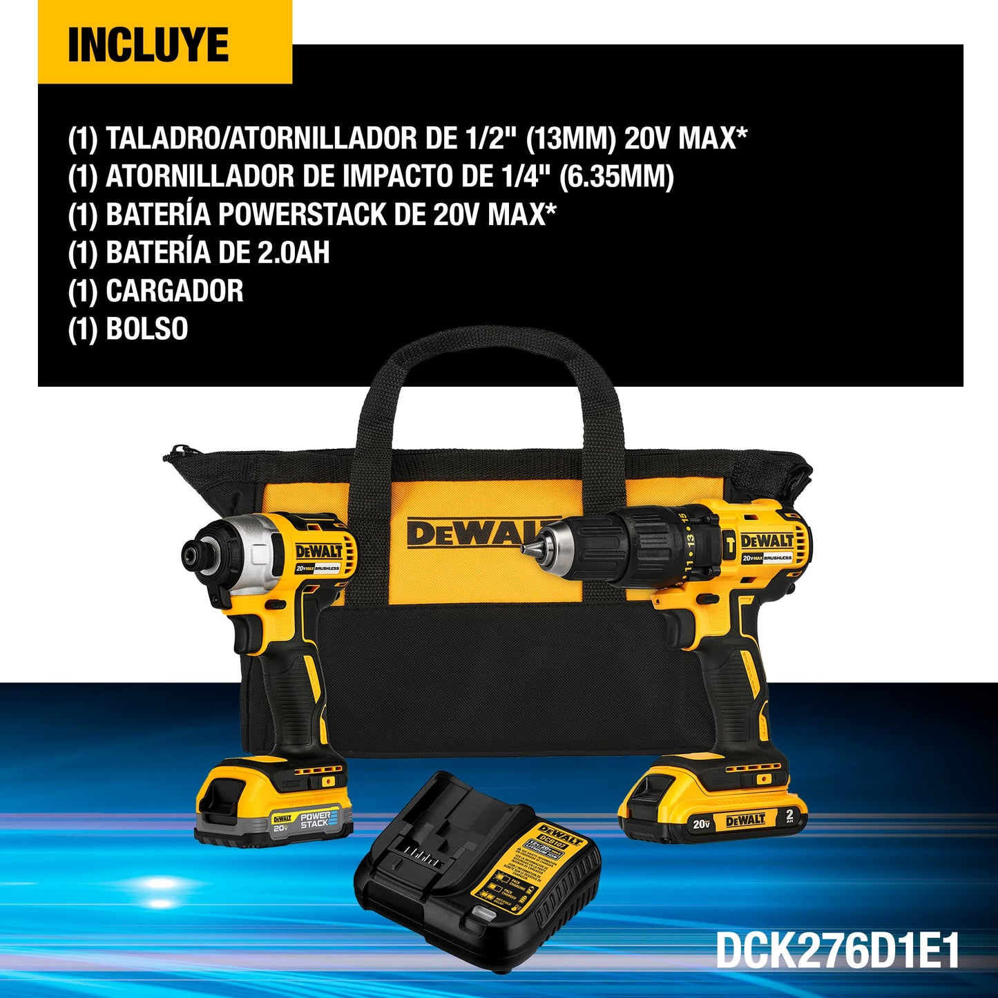 DEWALT Kit Taladro/Atornillador de 1/2 Pulgadas (13mm) y Atornillador de Impacto de 1/4 Pulgadas (6.35mm) 20V MAX* POWERSTACK DCK276D1E1