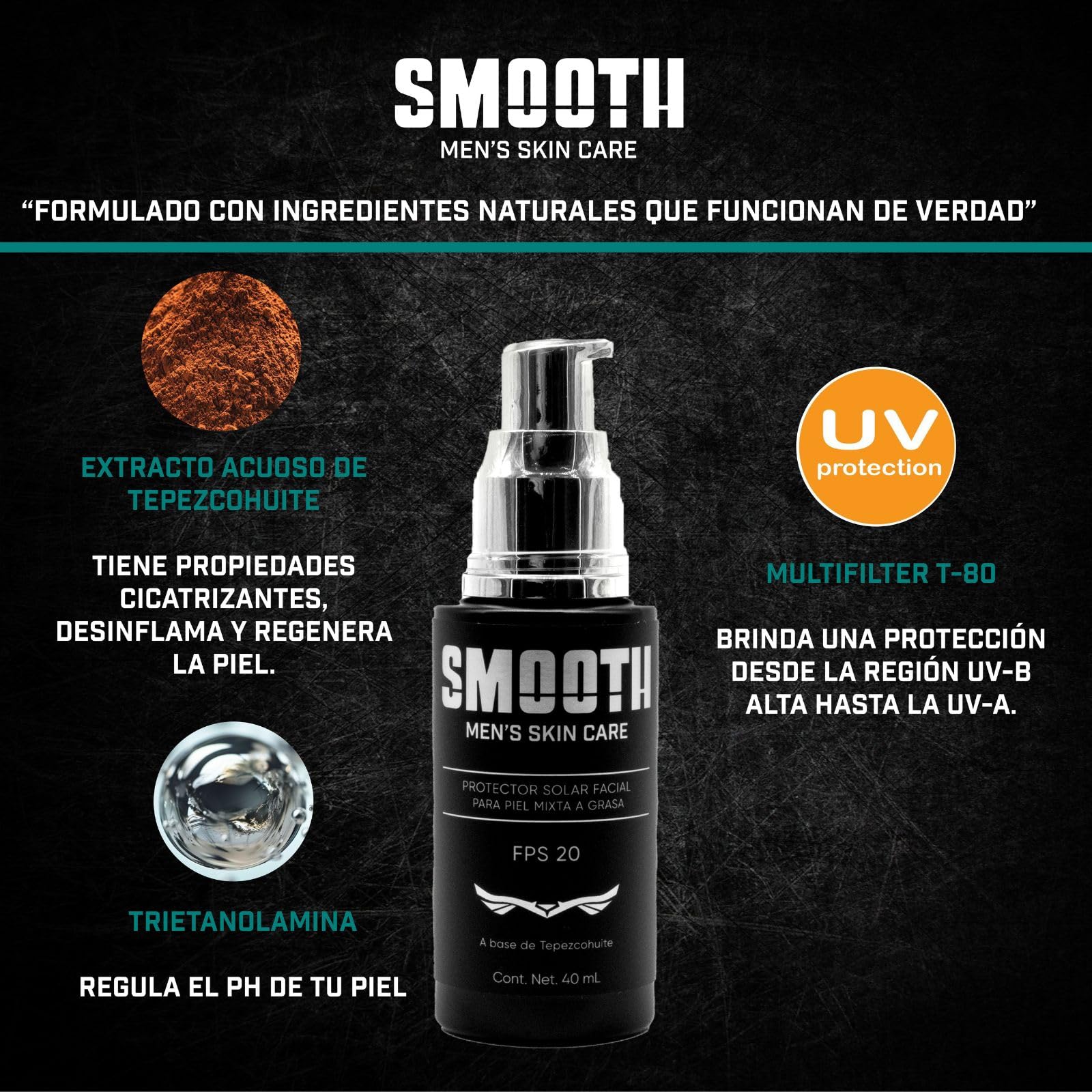 Kit de Cuidado Facial SMOOTH Para Hombre Té Verde, Hialurónato, Vitamina C, Cólageno y Tepezcohuite