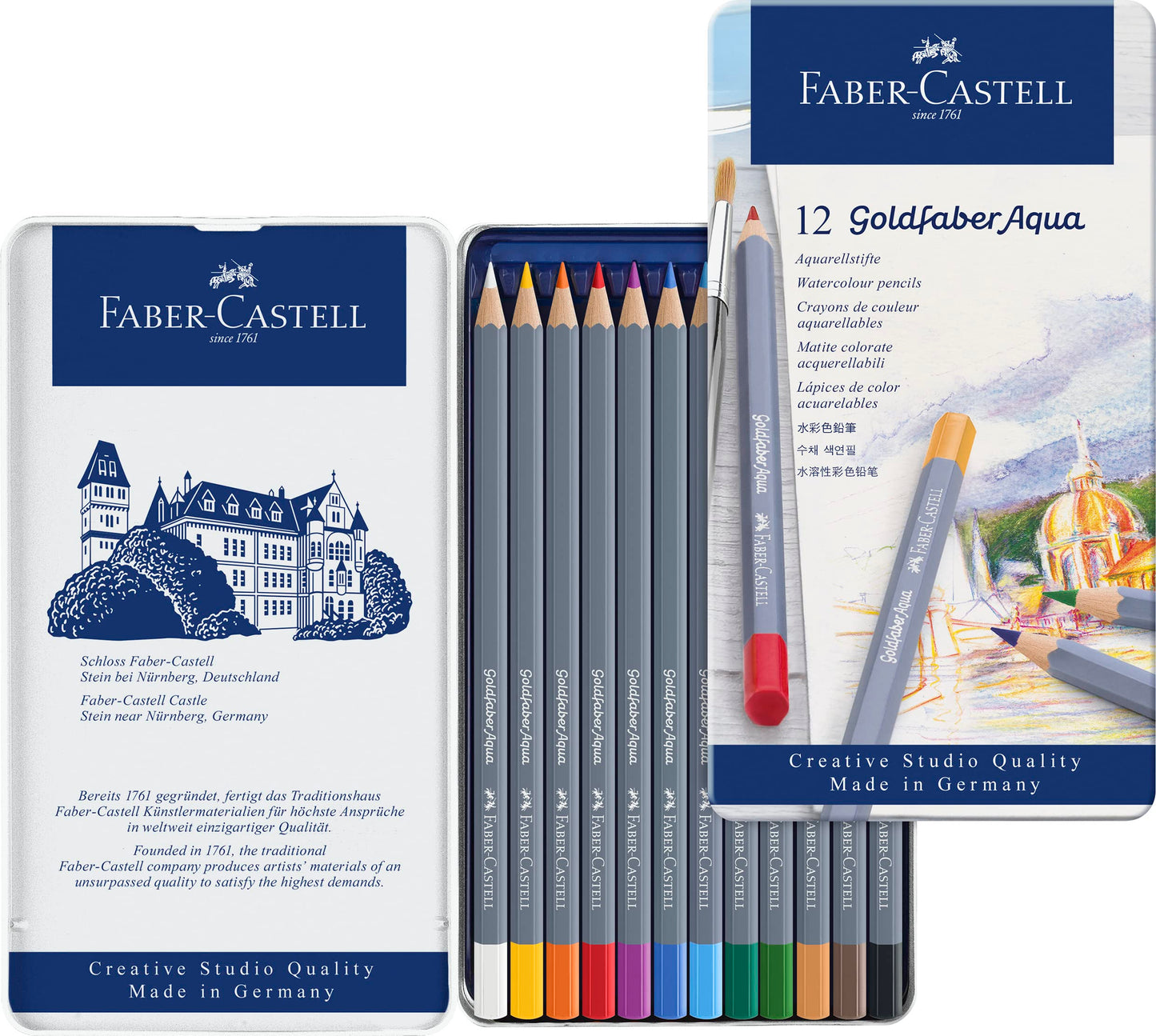 Faber-Castell Colores Goldfaber Acuarelables Para Arte con 12 Distintos Colores, estos lápices acuarelables permiten crear dibujos detallados como efectos de acuarela teniendo una experiencia creativa