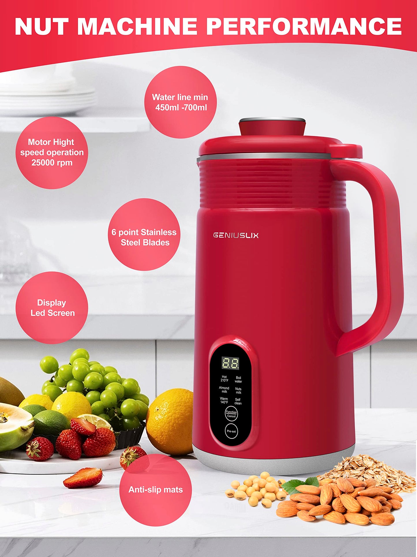 GENIUSLIX Máquina automática para hacer leche de nueces para leche casera a base de plantas con limpieza automática y control de temperatura, máquina de leche de soja, avena, coco, anacardo, almendra