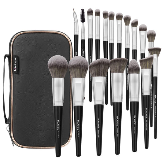 Brochas de Maquillaje con Estuche 18 Piezas Set de Brochas para Maquillaje Profesional Juego de Brochas Kabuki Sintético Premium Sombra de Ojos en Polvo para Base de Maquillaje (Plata negro)