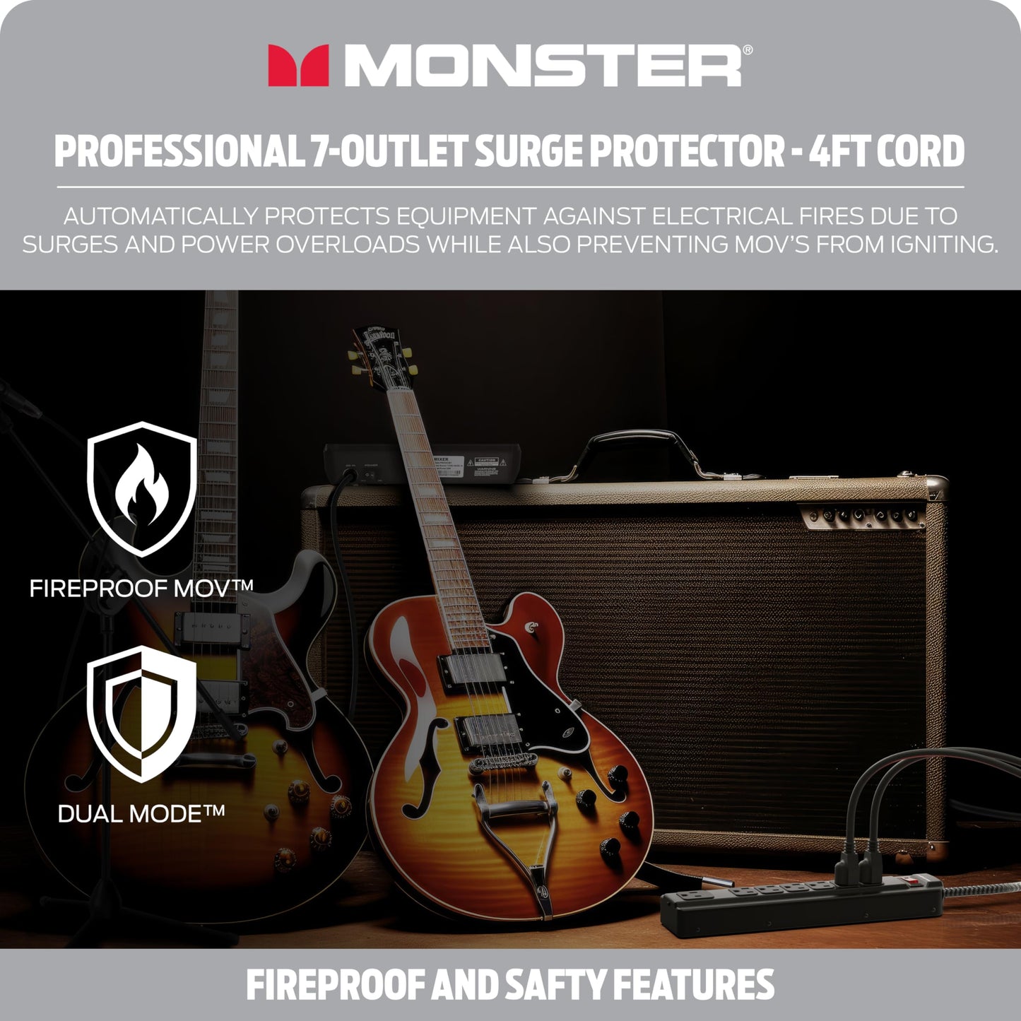 Tira de Alimentación Monster Pro MI Negra con Protección contra Sobretensiones Ignífuga para Equipo de Audio Profesional