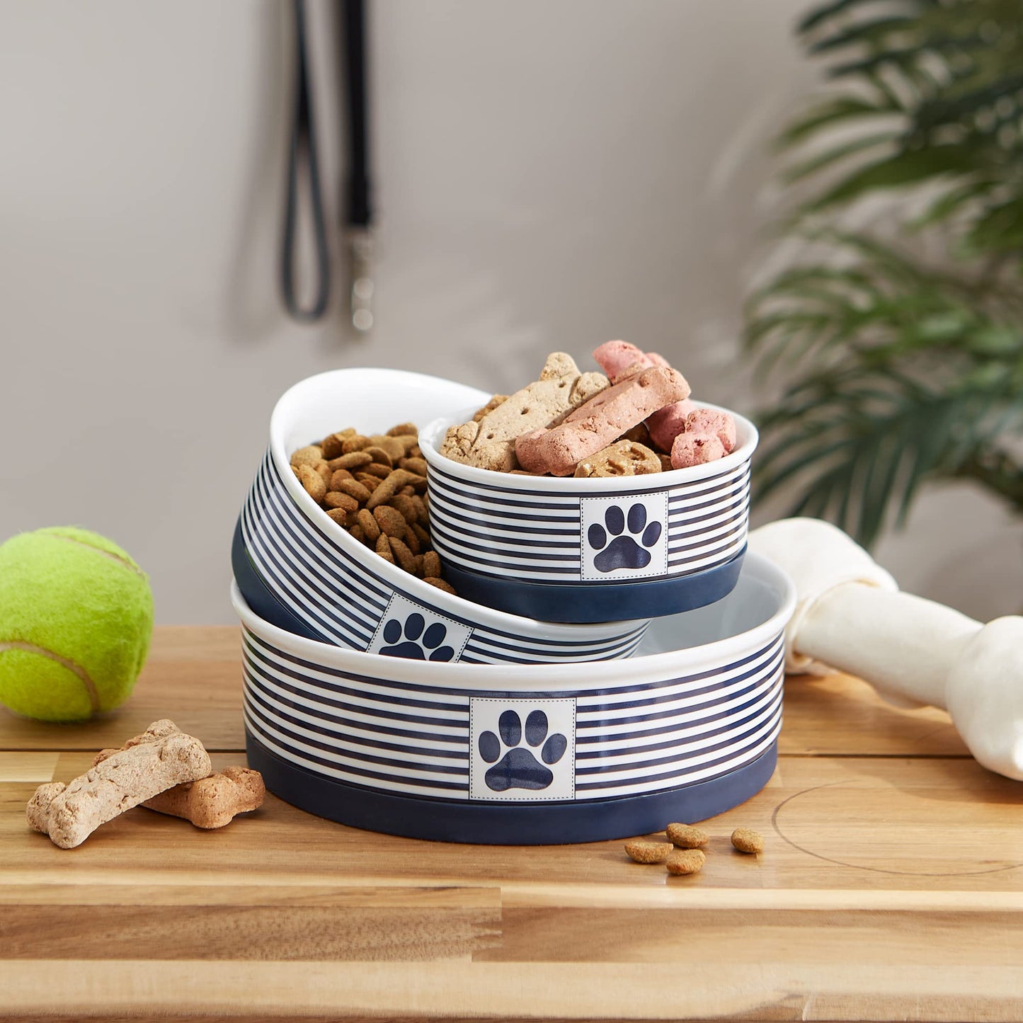 DII Bone Dry Paw Patch & Stripes Ceramic Pet Bowl for Food & Water with Non-Skid Silicone Rim for Dogs and Cats (Medium - 6" Dia x 2"H) Nautical Blue - Set of 2