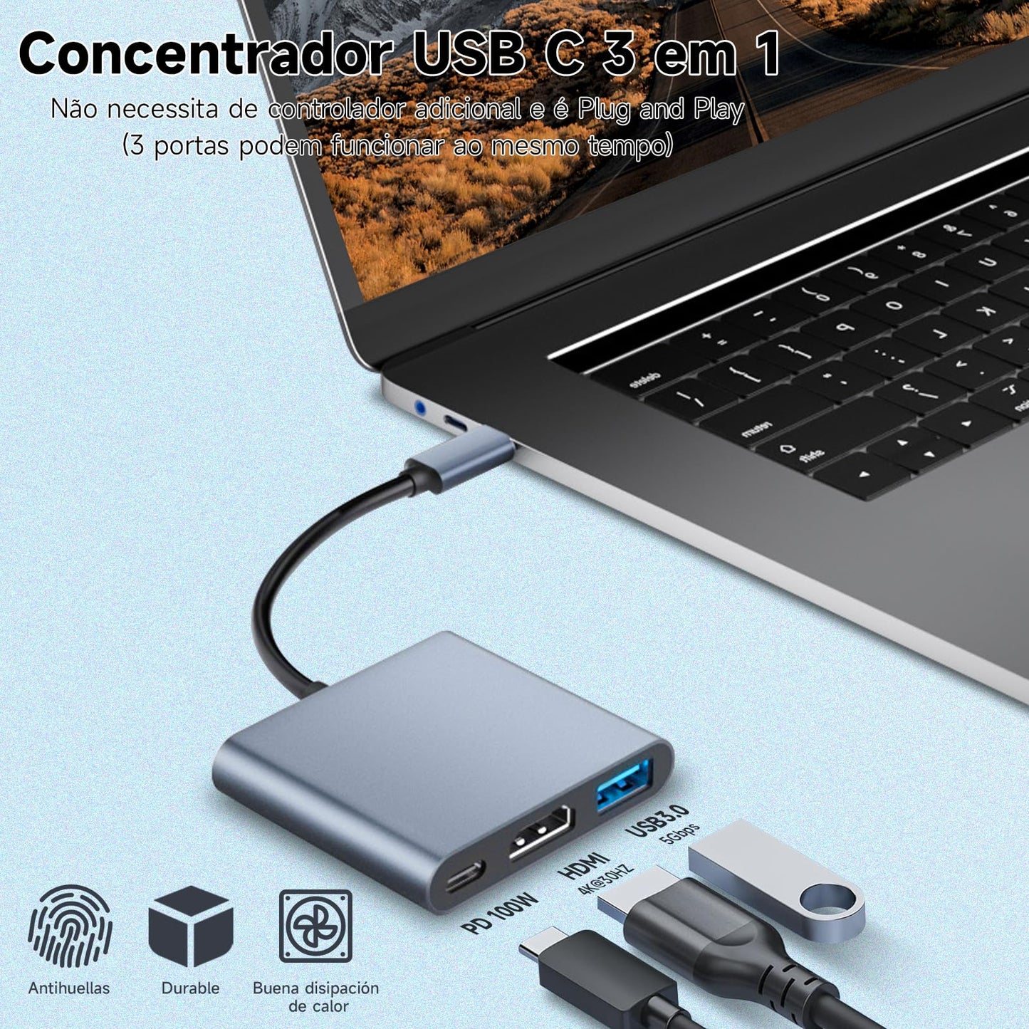Adaptador USB C a HDMI QILOFU Plata con Multipuertos y Carga Rápida 4K Compatible para MacBook y Galaxy