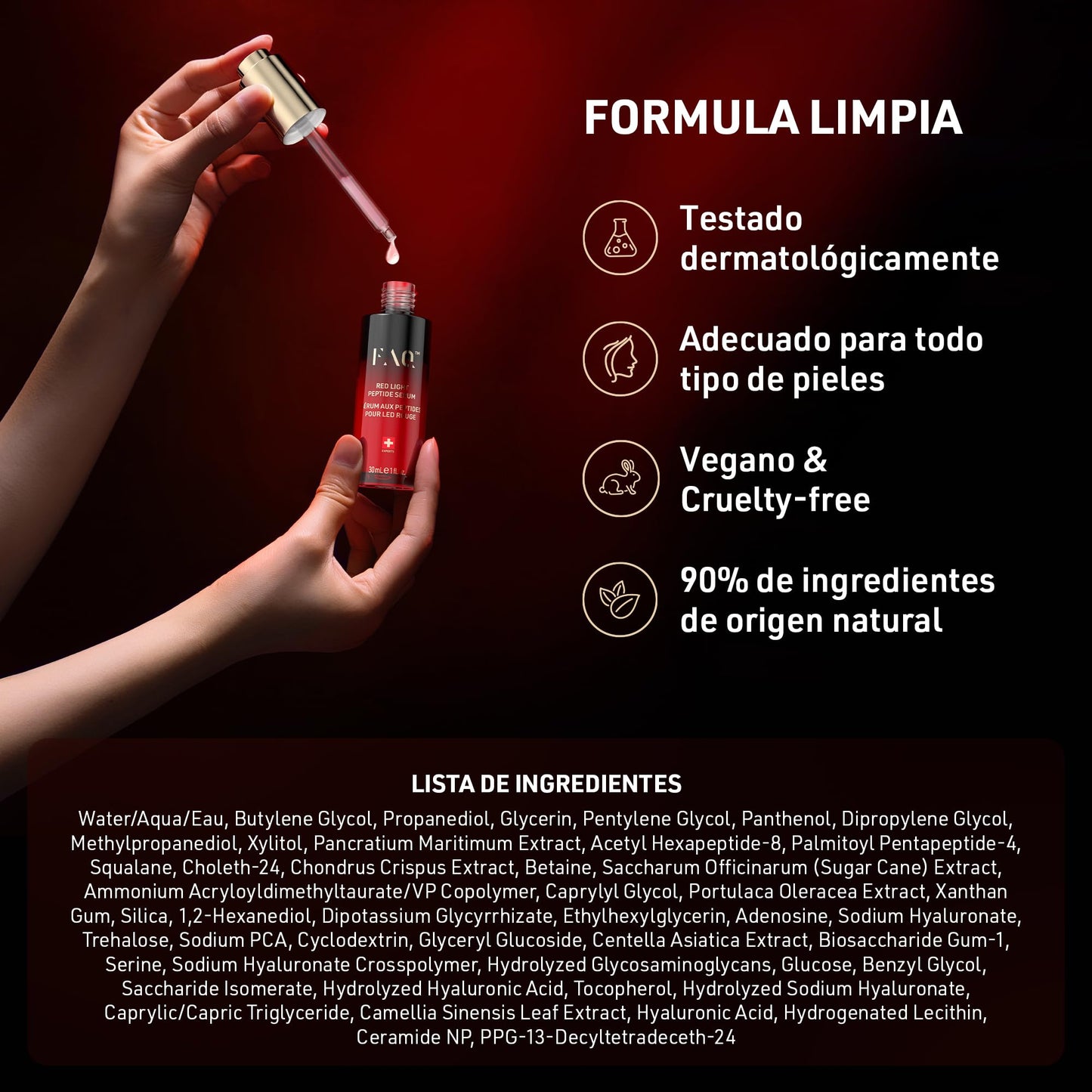 Faq 502 Luz LED Roja & Infrarroja + Red Light Peptide Serum – Leds de Espectro Completo con Acido Hialuronico & Péptidos de Colageno – Set Cuidado Piel Luminosidad e Hidratación