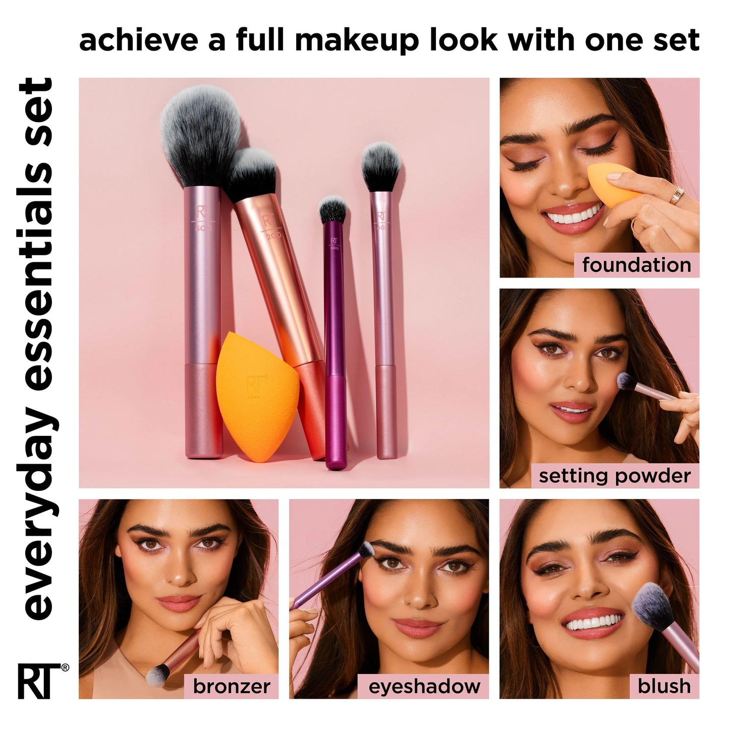Real Techniques, Everyday Essentials, Set de Brochas de Maquillaje con Esponja Multifuncional, Kit de Accesorios Esenciales, Juego de Brochas para Maquillar Ojos, Mejillas y Rostro, 5 piezas